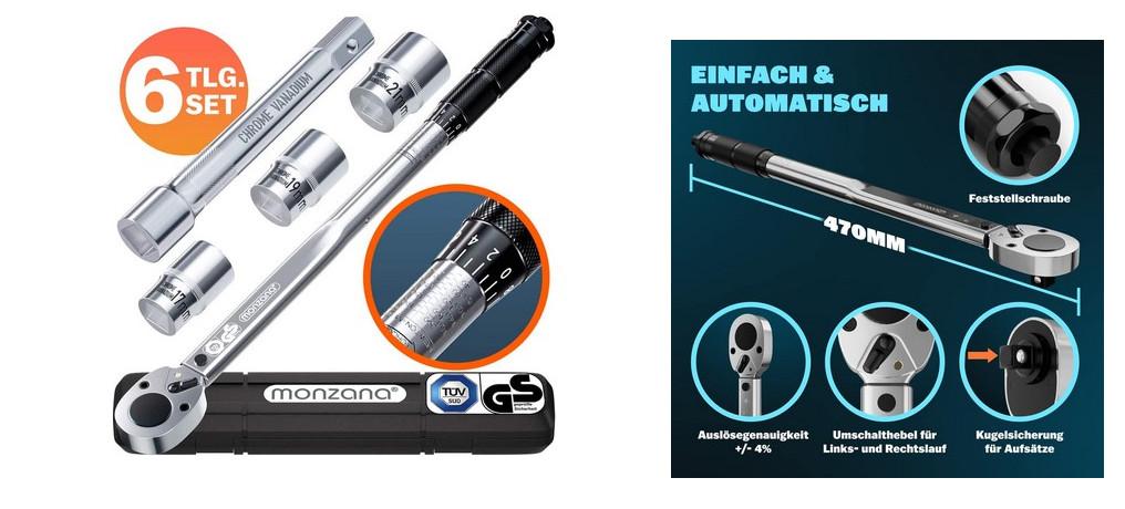 Drehmomentschlüssel-Set "monzana DHN001-1", bestehend aus

- einem Drehmomentschlüssel, vollständig aus Stahl, mit 1/2" Vierkantantrieb,
  umschaltbar auf Recht-/Linksgang und mit einem Mechanismus zum 
  Einstellen des Drehmoments zwischen 40 und 210 Nm, Länge 240 mm

- drei auswechselbaren Steckschlüsseleinsätzen (17, 19 und 21 mm) aus Stahl

- einer 125 mm langen Verlängerung aus Stahl

- alles zusammen in einer zur Aufnahme der o. g. Waren besonders gestalteten
  und zum dauernden Gebrauch geeigneten Kunststoff-Box untergebracht
(Antragstellerangaben)

Abbildung siehe Anlage.

Derartige Erzeugnisse gehören als "auswechselbare Steckschlüsseleinsätze, mit
Griff, mit arbeitendem Teil aus unedlem Metall" zum TARIC-Code 8204 2000 00.