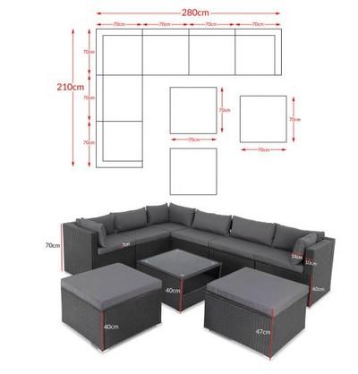 Bei dem Möbel-Set "Polyrattan Ecklounge XXL" handelt es sich um eine Warenzusammenstellung in Aufmachung für den Einzelverkauf bestehend aus:
- einem ca. 70 x 70 x 40 cm (L x B x H) großen Tisch.
- drei gepolsterten Sitzmöbeln in Form einer ca. 280 x 210 x 70 cm (L x B x H) großen Sitzgarnitur, einem ca. 70 x 70 x 70 cm (L x B x H) großem Sitzelement mit Lehne und einem ca. 70 x 70 x 40 cm (L x B x H) großem Einzelsitzelement. Die Sitzmöbel sind jeweils mit lose aufgelegten, passgenauen Sitz- und Rückenkissen ausgestatteten.

Die Sitzmöbel und der Tisch bestehen jeweils aus einem Aluminiumgestell, das vollständig mit einem Kunststoffgeflecht im Rattan-Design bespannt ist. Der Tisch ist mit einer abnehmbaren Glasplatte ausgestattet und aufgrund der Höhe nicht dazu ausgelegt, während des Sitzens auf den dazugehörigen Sitzmöbeln an ihm zu essen.

Der Charakter der Warenzusammenstellung wird im Hinblick auf die Verwendung und aufgrund des Umfangs von den gepolsterten Sitzmöbeln bestimmt. Die Erzeugnisse sind dazu bestimmt, auf den Boden gestellt zu werden und dienen der Ausstattung von Gärten.

Die noch nicht zusammengesetzte, in mehreren nummerierten Kartons verpackte Warenzusammenstellung ist als "anderes als von der Position 9402 erfasstes Sitzmöbel, nicht von den Unterpositionen (HS) 9401 10 bis 9401 69 erfasst, mit Gestell aus Metall, gepolstert" einzureihen.