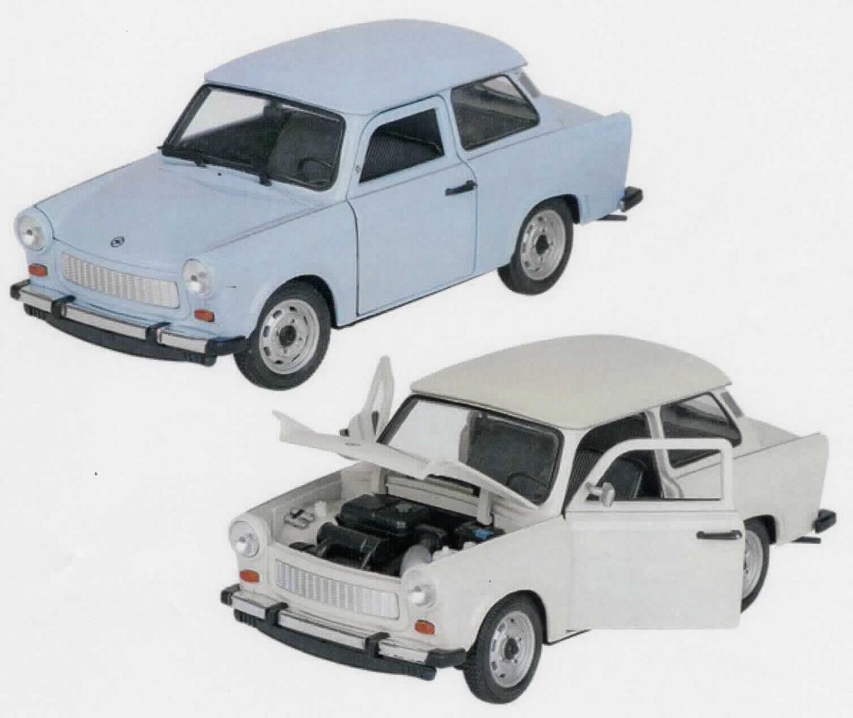Modellauto, sog. "Trabant", 2 fach, 4er Set, Artikel 12217
- im Spritzgussverfahren hergestelltes Modell eines Personenkraftfahrzeuges in Form eines Trabanten im
  Maßstab 1:24 - lt. Antragsangaben
- in den Abmessungen von ca. 14,5 x 6,5 x 5,5 cm (L x B x H)
- mit einer jeweils farbig lackierten Karosserie aus Metall (gletscherblau, beige)
- mit Unterboden, Innenraum aus Kunststoff und freilaufenden Rädern aus Kunststoff oder Kautschuk
- mit aufklappbarer Motorhaube und Türen sowie einer über das Lenkrad beweglichen Vorderachse
- dient der spielerischen Unterhaltung von Kindern
- in einer Showbox für den Einzelverkauf aufgemacht.

Auf Grund des äußeren Erscheinungsbildes bestimmt das Metall den Charakter der aus verschiedenen Stoffen bestehenden Ware.

Die Ware ist zolltarifrechtlich als "anderes als zuvor von der Position 9503 erfasstes Modell, im Gussverfahren hergestelltes Miniaturmodell aus Metall" einzureihen.