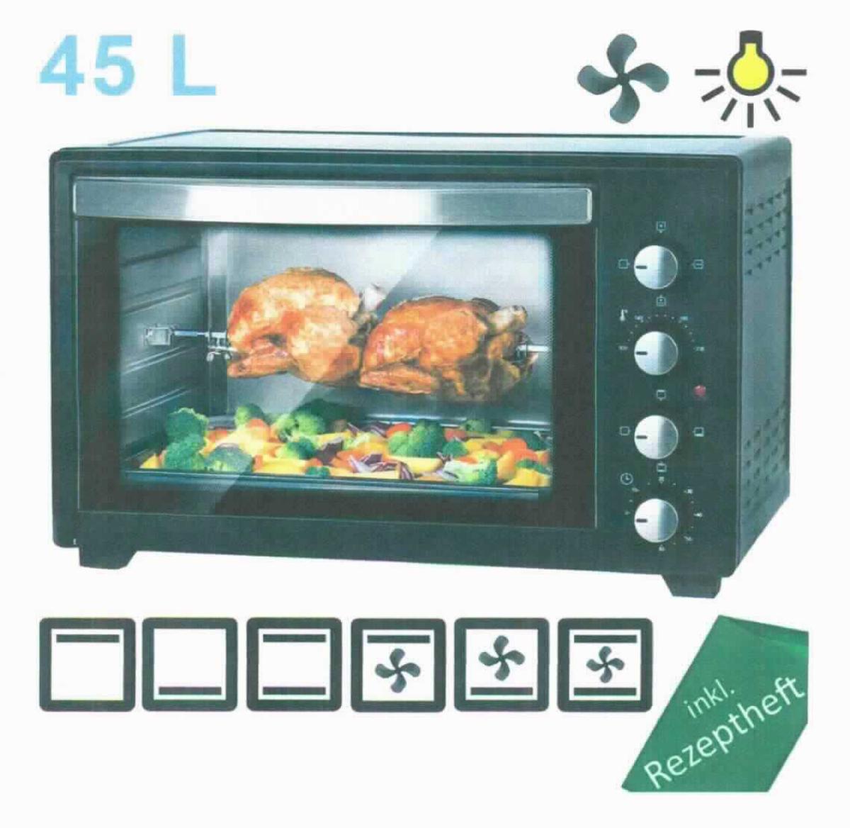Minibackofen, TZS First Austria FA-5046-1,
- aus elektrischen Heizsystemen (Oberhitze, Unterhitze, Ober- und Unterhitze) in einem Gehäuse
  mit einem Garraum von 45 l, einer nach vorne zu öffnenden Garraumtür, Drehspieß, Grillrost, 
  Backblech, Bedienelementen (Temperatur, Heizelementschalter für Ober-/Unterhitze- und
  Umluftfunktionen und verschiedene Kombinationen daraus, Funktionsschalter für Umluft und 
  Drehspieß, Timer mit Endsignal), Statusleuchte und einem Netzkabel, mit einer Leistung von 
  2.000 W bei einer Spannung von 230 V,
- zur Verwendung im Haushalt bestimmt,
- zusammen mit Bedienungsanleitung und Rezeptheft (Beipack) in einer gemeinsamen
  Verkaufsumschließung zur Abgabe an den Endverwender aufgemacht.
- gleichermaßen zum Backen, Garen oder Grillen von Lebensmitteln.
(Abbildung siehe Anlage)

Der Minibackofen bestimmt den Charakter der Warenzusammenstellung.

"Elektrowärmegerät für den Haushalt, kein Mikrowellengerät, nicht von den Unterposi-
 tionen 8516 60 10 bis 8516 60 80 erfasst (charakterbestimmendes Multifunktionsgerät aus Grill und
 Backofen - ohne kennzeichnende Hauptfunktion - in Warenzusammenstellung
 in Aufmachung für den Einzelverkauf mit nicht charakterbestimmendem Beipack);
 sog. Minibackofen"