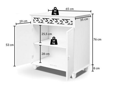 Bei der als "Kommode Jersey weiß" bezeichneten Ware handelt es sich um ein Möbel aus Holz mit den Maßen 76 x 65 x 35 cm (H x B x T), im Wesentlichen bestehend aus einem quaderförmigen Korpus mit zwei Flügeltüren und vier Standbeinen. Das Möbelstück verfügt über eine dekorative Holzverzierung oberhalb der Flügeltüren und über einen Zwischenboden. 

Das Erzeugnis dient zur Ausstattung von Wohnungen und ist dazu bestimmt, auf den Boden gestellt zu werden.

Die noch nicht zusammengesetzte und verpackte Ware ist als "anderes als von den Positionen 9401 und 9402 erfasstes Möbel, aus Holz, von der in Ess- und Wohnzimmern verwendeten Art" einzureihen.