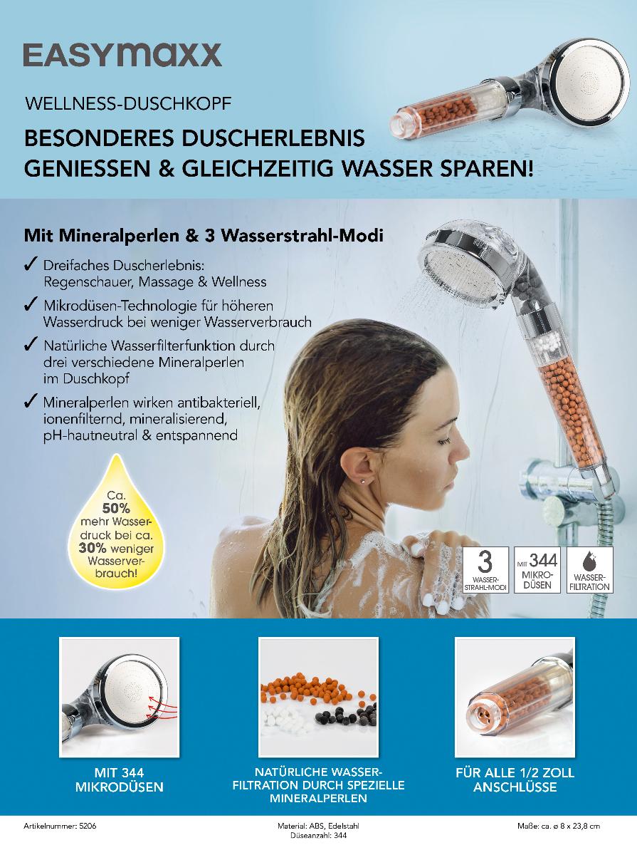 Handbrause (Abbildung siehe Anlage)
- aus einem Griff-Handstück aus Kunststoff mit Anschlussgewinde und einem runden Brausekopf mit
  Spritzöffnungen (Düsen) und Verstellmechanismus für drei verschiedene Wasserstrahlarten, mit
  Mineralperlen gefülltem Griff als Wasserfilter,
- nach Anschluss an einen Fließwasserversorgungsschlauch zum Verspritzen von Wasser bestimmt
  und zum Filtrieren von Wasser.
Das Verspritzen von Wasser stellt die kennzeichnende Haupttätigkeit dar.

„Mechanischer Apparat zum Verspritzen von Flüssigkeiten, keine Ware der Codenummer 8424 1000 10 0 bis 8424 8940 00 0 (Kombination aus Handbrause - kennzeichnende Haupttätigkeit - und Wasserfilter)"