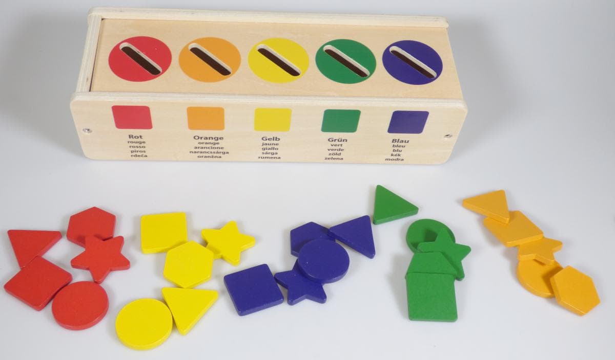 Sortierspiel Formen und Farben (Abbildung siehe Anlage),
- Warenzusammenstellung aus
- - einer quaderförmigen Holzbox mit einem Schiebedeckel aus Sperrholz (kein Bambus), 
    in den Abmessungen: ca. 21 x 8 x 6 cm, mit fünf farbig markierten gleichförmigen
    Schlitzen mit einer Länge von 26 mm und einer Breite von 7 mm versehen, sowie
- - 25 farbige, flache Formplättchen aus Holzfaserplatten (Kreis, Dreieck, Quadrat, Stern,
     6-Eck, alle jeweils 3 mm dick) in fünf unterschiedlichen Farben und
- - 13 bedruckte Papierkarten (lt. Antrag),
- dient dem Erkennen und Erlernen von geometrischen Formen und ggf. Farben
  bei Kindern (keine aktive spielerische Betätigung),
- in einer gemeinsamen Verkaufsumschließung zur direkten Abgabe an den
  Endverbraucher aufgemacht.

Hinsichtlich des Umfangs ist die Holzbox aus Sperrholz charakterbestimmend.

"Andere als in den Positionen 4401 bis 4420 genannte Ware aus Holz, kein Kleiderbügel, kein Sarg,
 nicht aus Bambus, nicht aus Faserplatten, kein Bügelbrett und -tisch, kein Stammstück
 (Warenzusammenstellung in Aufmachung für den Einzelverkauf aus Holzbox - charakterbestimmend -,
 Formplättchen und Druckerzeugnis); Sortierspiel Formen und Farben“