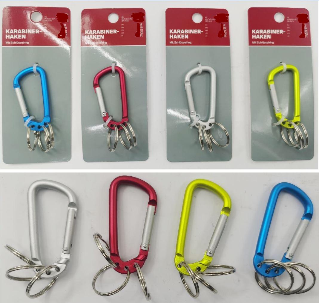 Bei dem sog. Karabiner mit Schlüsselringen handelt es sich um einen Schlüsselanhänger, bestehend aus einem Karabinerhaken und drei Schlüsselringen.
Der Karabinerhaken besteht aus Aluminium und ist im Stanzpressverfahren hergestellt. Er hat eine Länge von ca. 6 cm und eine Breite von ca. 3 cm am Bogen. Der Karabinerhaken weist am unteren Rücken drei Lochungen auf und in jede Lochung ist jeweils ein Schlüsselring mit einem Durchmesser von ca. 2,5 cm aus Stahl eingeführt. Das Erzeugnis ist auf einer bedruckten Pappkarte zum Einzelverkauf aufgemacht.
- Angaben laut Antragsteller und anhand des vorgelegten Warenmusters -

Aluminium überwiegt gewichtsmäßig gegenüber dem Stahl.

Abbildung siehe Anlage.

Derartige Erzeugnisse gehören als "andere (als in den TARIC-Codes 7616 1000 10 bis 7616 9990 91 genannte) Waren aus Aluminium" zum TARIC-Code 7616 9990 99.