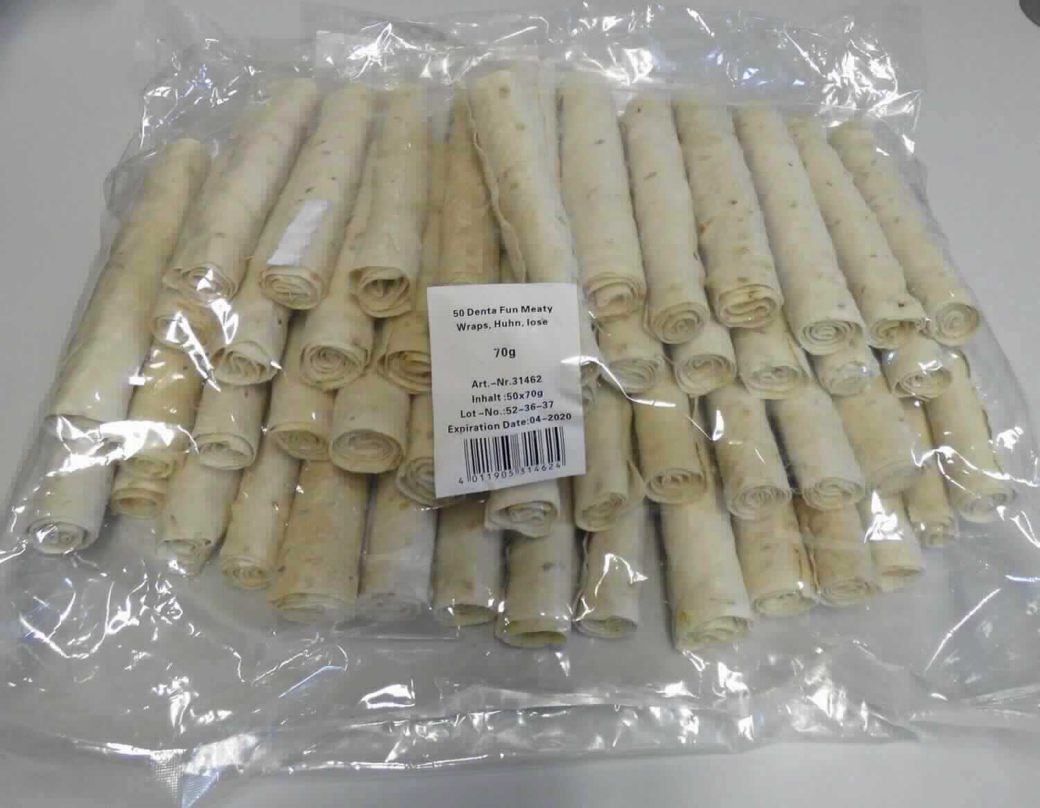Ergänzungsfuttermittel für Hunde

Antragsangaben: 50 Denta Fun Meaty Wraps, Huhn, Lose; 18 cm, 70 G/ST. Rinderhaut mit kleinen Hühnchenfleischstücken. Fleischanteil bleibt bis zum letzten Bissen erhalten. Zusammensetzung: 78,2 % rohe Rinderhaut, 20 % Hühnchen, 1,2 % Glycerin, 0,35 % Salz und 0,25 % Kaliumsorbat.

Beschaffenheit des Warenmusters: klarsichtiger, unbeschrifteter Folienbeutel, darin beigefarbene, getrocknete, harte, der Länge nach aufgerollte Kauartikel. Die beigefarbene Haut ist mit orangebraunen, kleinen Stücken durchsetzt. Zusätzlich enthält der Folienbeutel eine verschweißte Kunststofftüte mit mehreren Etiketten, wodurch eine Aufmachung für den Einzelverkauf als Hundefutter vorliegt.
Glucose, Glucosirup, Maltodextrin, Maltodextrinsirup, Stärke oder Milcherzeugnisse in der Ware (laut Angabe): keine.

Zubereitung von der zur Fütterung verwendeten Art, Hunde- und Katzenfutter, in Aufmachungen für den Einzelverkauf, keine Glucose, Glucosesirup, Maltodextrin, Maltodextrinsirup, Stärke oder Milcherzeugnisse enthaltend.
