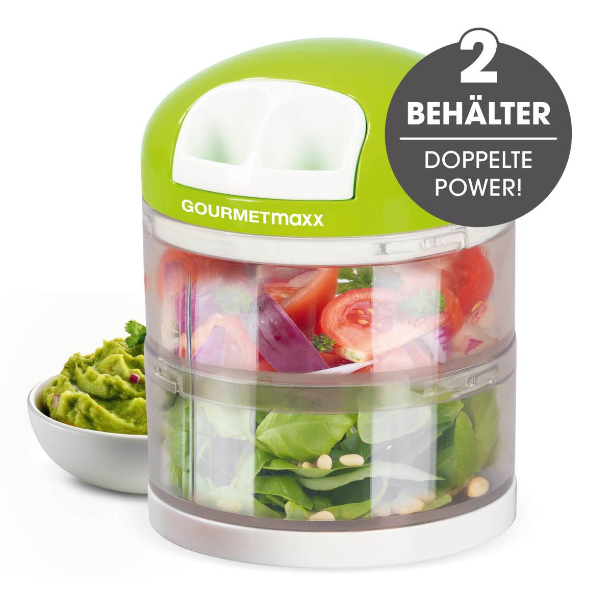 "Multi-Zerkleinerer"

- von Hand zu betätigendes, mechanisches Gerät, mit einem Gewicht von weniger als 10 kg,
  bestehend aus einer Welle mit arbeitendem Teil in Form von vier Schneidklingen aus unedlem
  Metall, einem runden, durchsichtigen, zweiteiligen Kunststoffbehältnis und einem runden
  Kunststoffdeckel mit integrierter Seilzugmechanik

- Abmessungen: Durchmesser ca. 10 cm; Höhe ca. 14,5 cm

- der Seilzug treibt die Welle mit den Schneidklingen an, sodass das eingelegte Schneidgut
  (versch. Obst oder Gemüse) durch wiederholtes Ziehen zerteilt wird

Abbildung siehe Anlage.

Derartige Erzeugnisse gehören als "von Hand zu betätigendes mechanisches Gerät mit einem Gewicht von 10 kg oder weniger, zum Vorbereiten, Zubereiten oder Anrichten von Speisen, mit arbeitenden Teil aus unedlem Metall" zur Codenummer 8210 0000 00 0 des Zolltarifs.