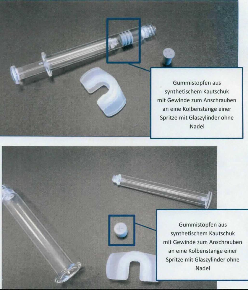 Sog. Gummistopfen für eine Injektionsspritze,
- aus einem spezifisch geformten, runden Element mit Innengewinde  und Lamellen aus synthetischem 
  Kautschuk (Abbildung siehe Anlage),
- zur Verwendung in einer Spritze mit Glaszylinder nach Aufschrauben an die Kolbenstange. 

"Teil, erkennbar ausschließlich für Flüssigkeitspumpen bestimmt, keine Ware der TARIC-Codes 8413 9100 10 
 bis 8413 9100 50 - sog. Gummistopfen für eine Injektionsspritze"