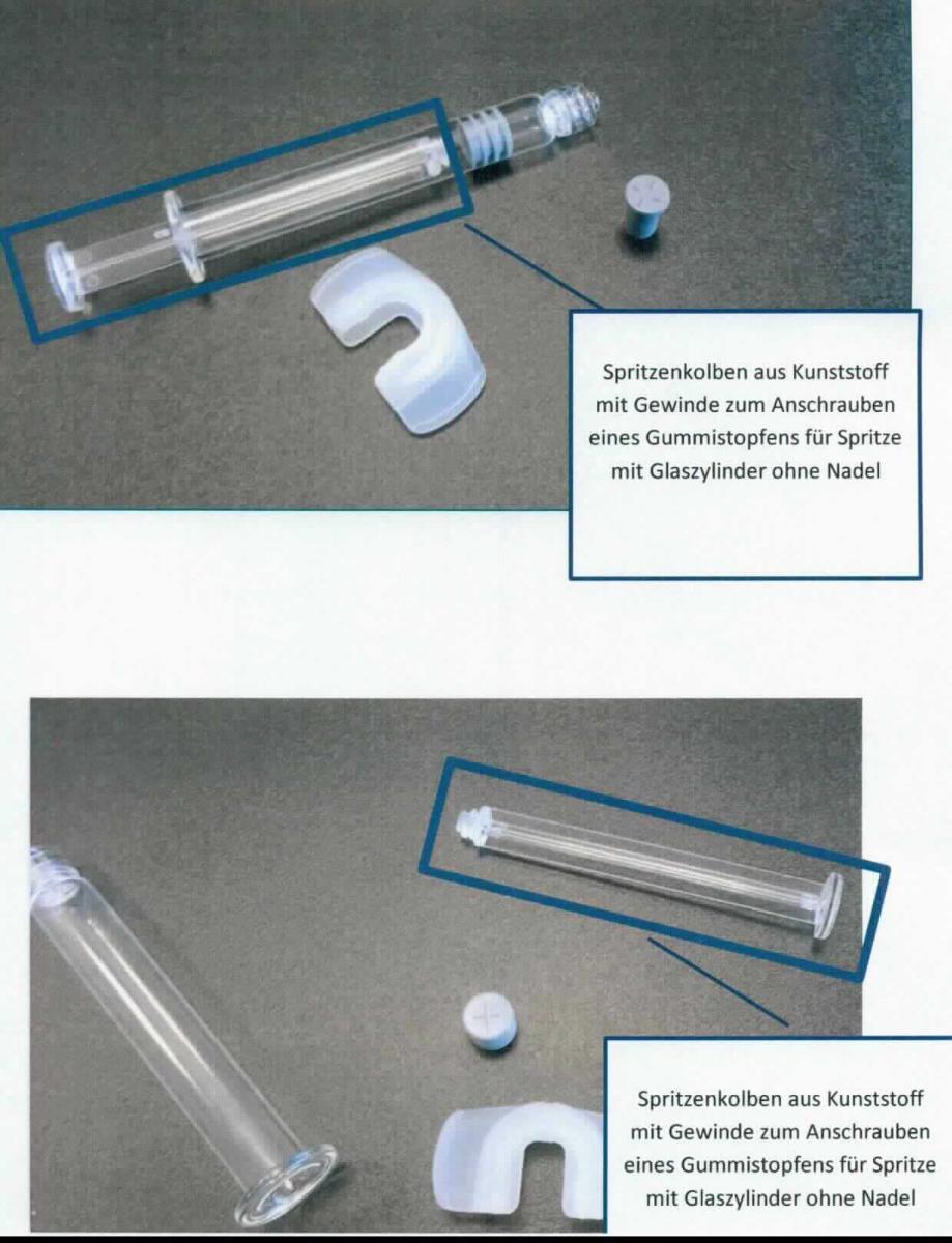 Kolbenstange,
- aus einem spezifisch geformten Kunststoffelement mit Außengewinde an einem und Betätigungsfläche 
  an dem anderen Ende (Abbildung siehe Anlage),
- zur Verwendung in einer Spritze mit Glaszylinder als Kolbenstange.

"Teil, erkennbar ausschließlich für Flüssigkeitspumpen bestimmt, keine Ware der TARIC-Codes 8413 9100 10 
 bis 8413 9100 50 - Kolbenstange"