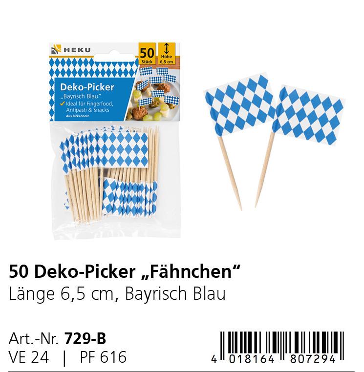 Deko-Picker mit Fähnchen, Art. 729-B, (Abbildung siehe Anlage) 
- gerundete, einseitig angespitzte Spießchen aus Birkenholz, am
  oberen Ende mit kleinen, bedruckten Fahnen (hier: weiß-blaue
  Rauten) aus Papier versehen, Länge ca. 6,5 cm, 
- zu 50 Stück für den Verkauf aufgemacht, 
- zum Aufspießen von Lebensmittelhäppchen. 

Das Holz bestimmt hinsichtlich der Bedeutung für die Verwendung
den Charakter der zusammengesetzten Ware. 

"Holzware zur Verwendung bei Tisch oder in der Küche, nicht aus
Bambus, nicht aus tropischem Holz (zusammengesetzte Ware aus
Holz -charakterbestimmend- und bedrucktem Papier)"