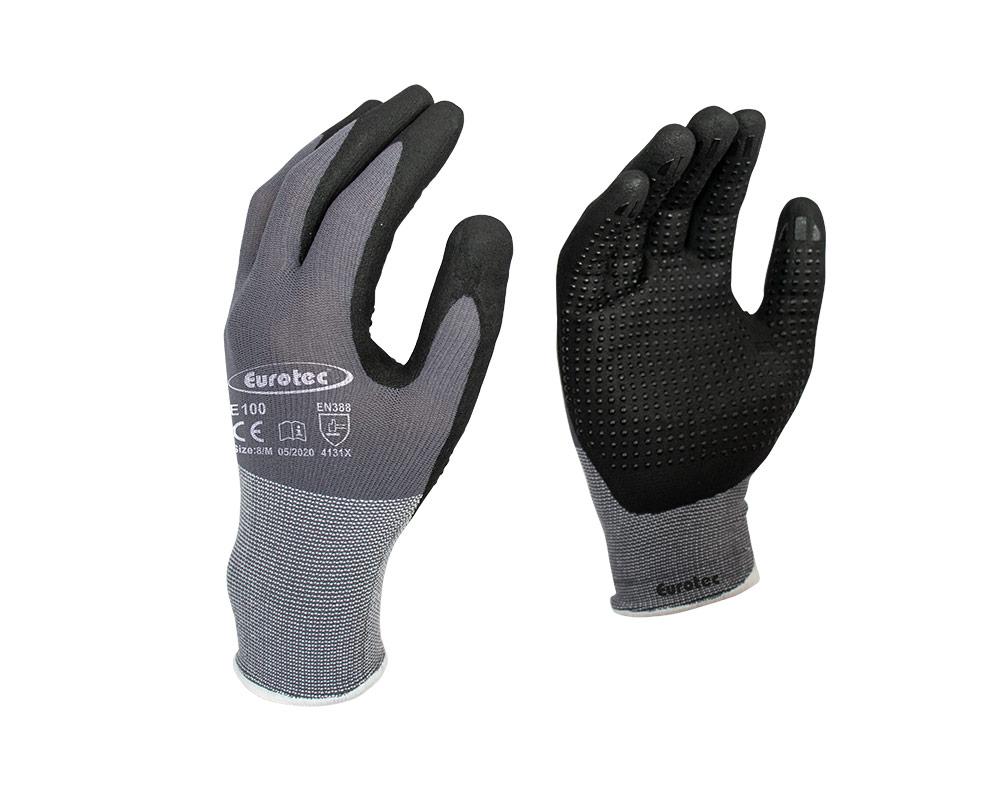 Fingerhandschuhe, Größe L, Foto siehe Anlage,
- als Fünffingerhandschuhe gearbeitet,
- aus buntgewirkten Gewirken aus laut Antrag Nylon und Elasthan (beides synthetische Chemie-
  fasern),
- abgepasst gewirkt,
- nachträglich mit Ausnahme des größten Teils der Stulpe, des Handrückens und Teilen der Finger-
  außenseiten einseitig (Außenseite) im Tauchverfahren mit laut Antrag Nitril (Kautschuk; augen-
  scheinlich Zellstruktur erkennbar) getränkt; auf den Hand- und Fingerinnenflächen zusätzlich
  mit Noppen aus Nitril bedruckt,
- im Bereich des Handrückens bedruckt,
- mit einem elastischen Bündchen,
- am unteren Rand durch eine kontrastfarbene Überwendlichnaht gesäumt.

"Fingerhandschuhe, aus Gewirken, mit Kautschuk überzogen"