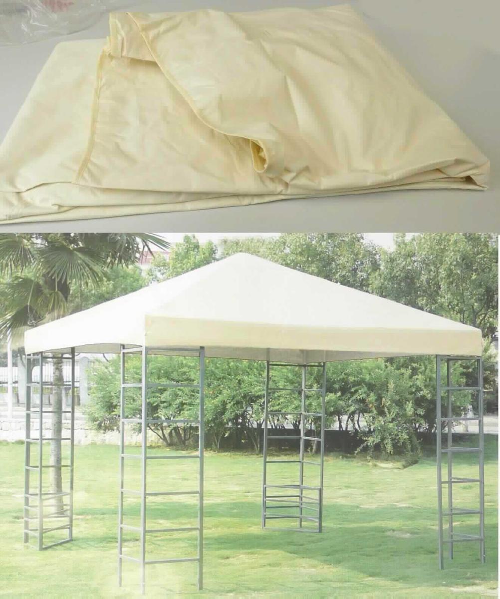 Dach für Pavillon, Foto siehe Anlage,
- in einem Polybeutel verpackt,
- dreidimensional in der Form eines Walmdachs gearbeitet (damit keine flache Plane der Unterposition 6306 12; 
  bildet keinen geschlossenen Raum, somit kein Zelt),
- aus ca. 0,4 mm dicken, einfarbigen Geweben aus laut Antrag Polyester (synthetische Chemiefasern), die auf der 
  Innenseite mit dem bloßen Auge wahrnehmbar mit geprägten Kunststoff (laut Antrag: Polyvinylchlorid; kein
  Zellkunststoff) überzogen sind (Meterware der Position 5903), 
- mit angenähten, elastischen Bändern aus Gewirken und Haken aus unedlem Metall sowie mit angenähten
  Gewebebändern und Klettverschlüssen versehen; zur Befestigung an einem Pavillongestell (nicht 
  Gegenstand dieser vZTA),
- mit vier seitlichen Belüftungsschlitzen,
- durch Zusammennähen konfektioniert,
- an den Seitenrändern durch Umschlagen und Festnähen gesäumt,
- dient als Schutz vor Witterungseinflüssen und wird als Pavillondach vom Warenkreis der Position 6306 erfasst 
  (somit u. a. keine Ware der Position 6307).

"Campingausrüstung (Dach für Pavillon) aus Spinnstoffen, aus synthetischen Chemiefasern"