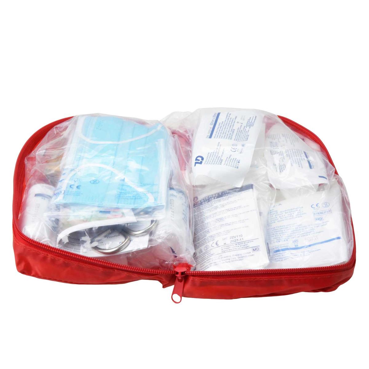 Taschen und andere Behältnisse mit Apothekenausstattung für erste Hilfe; Verbandtasche

Bei der Ware handelt es sich um eine rote Nylontasche mit Verbandmaterial und Apothekenausstattung. Der Inhalt der Tasche entspricht laut Antragsangaben der 
DIN 13164:2022-02. 

Abbildungen siehe Anlagen.

Es handelt sich um eine Tasche mit Apothekenausstattung für erste Hilfe, die in die Unterposition 3006 5000 der Kombinierten Nomenklatur einzureihen ist.