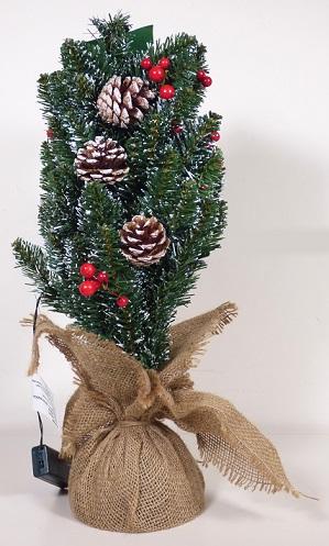 Ware aus künstlichem Blattwerk und künstlichen Früchten, sog. Weihnacht Baum Alta,
Foto siehe Anlage,
- in Form einer aus verschiedenen Bestandteilen zusammengesetzten Ware, bestehend aus:
- - der Nachbildung eines Nadelbaums:
- - - mit einem Stamm aus einem mit Spinnstoff ummantelten Stab aus unedlem Metall,
- - - mit mittels Draht am Stamm befestigten Nachbildungen von Tannenzweigen (künstliches Blattwerk),
- - - - aus verdrehten Metalldrähten an denen "Tannennadeln" und "Zweigrinde" aus fransenartig
        eingeschnittener Kunststofffolie gebildet werden und durch spiralartiges Verdrehen befestigt sind;
        damit in Blumenbindetechnik hergestellt,
- - - mit weißen Partikeln (Schneenachbildung) beflockt,
- - - mit Nachbildungen von roten Beeren (künstliche Früchte),
- - - - aus mit Farbe ummanteltem Kunststoff; aufgesteckt auf Stielen aus unedlem Metall; damit in
        Blumenbindetechnik hergestellt, 
- - - mit natürlichen Zapfen,
- - - mit einem Fuß aus Kunststoff; mit einem Überzug aus einem Sack aus groben, juteartigen
      Geweben aus Spinnstoffen,
- - einem elektrischen Beleuchtungskörper,
- - - LED-Leuchtmittel, die an den Ästen befestigt und über eine elektrische Leitung (Draht) 
      verbunden sind; mit einem Batteriefach mit einem An-/ und Ausschalter (ohne Batterien),
- kein elektrischer Beleuchtungskörper der Position 9405, da die LED-Leuchtmittel nicht der Erhellung
  der Umgebung dienen, sondern lediglich die Zierwirkung des Baumes erhöhen,
- keine Einreihung als Weihnachtsfestartikel der Position 9505, da der Tannenbaum sich aufgrund seiner
  neutralen, winterlichen Gestaltung nicht als Ware darstellt, die nach herkömmlichem Brauch in der
  Weihnachtszeit verwendet wird; der mit natürlichen Zapfen und künstlichen Früchten bestückte
  Baum ist nicht für das traditionelle, individuelle Schmücken mit Kugeln, Girlanden und dergleichen
  vorgesehen, sondern zeichnet sich allgemein als Dekorationsartikel für die Winterzeit aus,
- das künstliche Blattwerk und die künstlichen Früchte bestimmen insbesondere im Hinblick
  auf das Erscheinungsbild (Zierwirkung) den wesentlichen Charakter der zusammengesetzten Ware,
 
- innerhalb der Position 6702 bestimmt der Kunststoff im Hinblick auf den Umfang und auf das
  äußere Erscheinungsbild den wesentlichen Charakter der Ware.

"Ware aus künstlichem Blattwerk und künstlichen Früchten, aus Kunststoff"