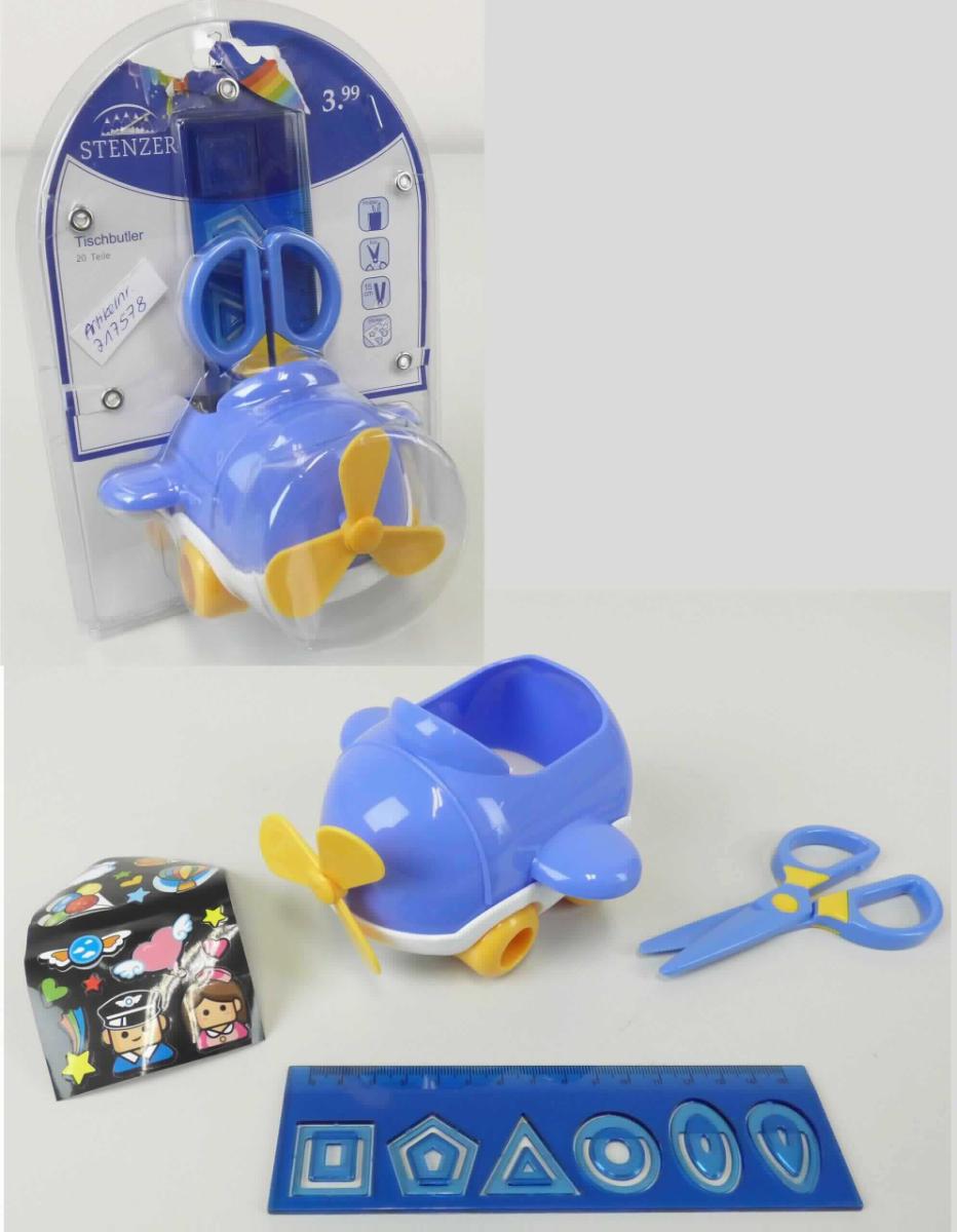 Bei dem als Tischbutler "Helikopter" bezeichneten Artikel handelt es sich um eine Warenzusammenstellung von Büro- oder Schulartikeln in Aufmachung für den Einzelverkauf (Blisterverpackung) bestehend aus:
- einem Aufnahmebehältnis (L x B x H) ca. 12 x 12 x 9 cm) in Form eines stilisierten Hubschraubers 
  (sog. Helikopter) mit vier nicht rollenden Rädern, einem nicht drehbaren Propeller und seitlich festen Flügeln 
   aus formgepresstem Kunststoff (Polypropylen) im Sinne der Anmerkung 1 zu Kapitel 39,
- einer funktionsfähigen Schere für Kinder (Länge ca. 12,5 cm, Breite ca. 6 cm) aus Kunststoff, 
- einem Lineal mit einer Messlänge von 15 cm und mit fünf integrierten Schablonen in unterschiedlichen Formen,
- einem Stickerbogen mit unterschiedlichen Stickern zum Bekleben des Behältnisses.

Insbesondere im Hinblick auf den Umfang bestimmt das die einzelnen Gebrauchsgegenstände aufnehmende Behältnis aus Kunststoff den wesentlichen Charakter der Warenzusammenstellung.

Derartige Waren sind zolltariflich als "andere Waren aus Kunststoffen, Büro- oder Schulartikel" einzureihen.