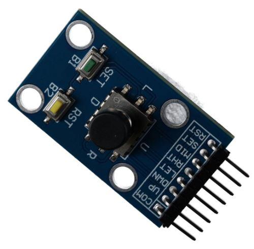 Sog. "Elektronisches Eingabemodul", bestehend aus einer mit zwei Tasten und einem 5-Wege "Joystick" bestückten Leiterplatte, mit acht Anschlusspins (getrennte Ausgänge), mit vier Befestigungsbohrungen, 
- für eine Spannung von unter 1000 V, 
- nicht speicherprogrammierbar, 
- zur Eingabe manueller Bedienbefehle und Ausgabe dieser Bedienbefehle als elektrische Signale für z.B. Mikrocontroller-Plattformen wie Arduino, ESP32, Raspberry Pi.

Die Ware ist als "Träger mit mehreren Geräten der Position 8536 ausgerüstet, zum elektrischen Schalten oder Steuern, keine Vermittlungseinrichtung der Position 8517, für eine Spannung von 1000 V oder weniger, nicht von den TARIC-Codes 8537 1010 bis 8537 1098 98 erfasst" einzureihen.