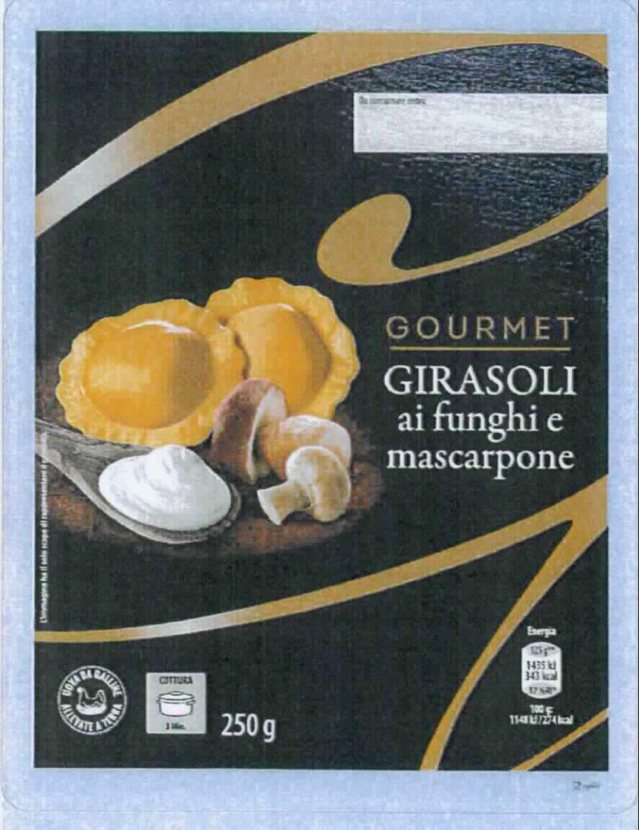 Teigwaren mit Füllung aus Pilzen und Mascarpone

Eine Warenmuster lag nicht vor, jedoch eine Produktspezifikation, Angaben zur Herstellung und die Druckvorlage (Kopie) für das Original-Etikett.
Danach handelt es sich um sonnenblumenförmige, gelbliche, gefüllte Teigwaren, original verpackt unter Schutzatmosphäre und zu lagern bei +4 °C bis +6 °C; der Aufdruck enthält neben einer Abbildung von Nudeln, Mascarpone und Pilzen Angaben zum Erzeugnis ("Frische Teigwaren mit einer Füllung (57 %) mit Steinpilzen und Champignons"), zur Füllmenge (250 g) zur Zubereitung (in kochendem, gesalzenem Wasser für 3 Minuten kochen, abtropfen lassen und würzen) und zu den Zutaten (siehe Feld 8); hergestellt in Italien. 
Nach der Herstellungsbeschreibung und den Hinweisen zur Zubereitung liegen vorgekochte Nudeln vor.

Fische, Krebstiere oder andere wirbellose Wassertiere: nicht enthalten*
Wurst und ähnliche Erzeugnisse, Fleisch und Schlachtnebenerzeugnisse jeder Art, einschließlich Fette jeder Art oder Herkunft: nicht enthalten*
Reis: nicht enthalten*
*: nach der Zutatenliste

Teigwaren gefüllt, keine Fische, Krebstiere oder andere wirbellose Wassertiere sowie keine Wurst und ähnliche Erzeugnisse, Fleisch und Schlachtnebenerzeugnisse jeder Art, einschließlich Fette jeder Art oder Herkunft enthaltend, gekocht, keinen Reis enthaltend.