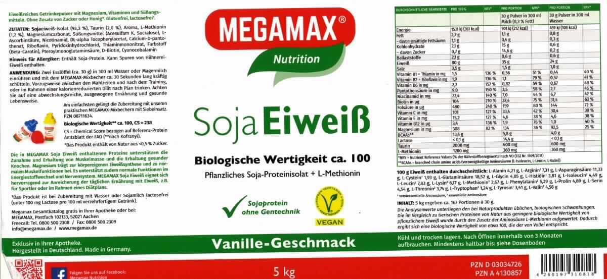 Getränkepulver mit Sojaeiweiß-Isolat, L-Methionin, Taurin und Vitaminen, Geschmacksrichtung Vanille

Vorgelegt wurde ein Etikett mit Angaben über den Vertreiber, die Produktbezeichnung, den Inhalt (5 kg), die 
Zusammensetzung (im Wesentlichen Sojaeiweiß-Isolat, L-Methionin, Taurin, Aroma, Süßungsmittel und 
Vitamine), das Anwendungsgebiet (eiweißreiches Getränkepulver) und die Verzehrempfehlung (2 Esslöffel 
(ca. 30 g) in 300 ml Wasser oder Milch).

Saccharose einschl. Invertzucker, Isoglucose*: weniger als 5 GHT
Stärke einschl. Stärkeabbauprodukte oder Glucose*: weniger als 5 GHT
Milchfett*: nicht enthalten
*: gemäß Angaben

Lebensmittelzubereitung, anderweit weder genannt noch inbegriffen, keine der Unterpositionen 2106 1020 bis 
2106 9059, kein Milchfett, weniger als 5 GHT Saccharose oder Isoglucose und weniger als 5 GHT Stärke oder 
Glucose enthaltend; kein Erzeugnis der Position 3004 der KN, weil das Erzeugnis nicht zu therapeutischen oder 
prophylaktischen Zwecken im Sinne dieser Position aufgemacht ist