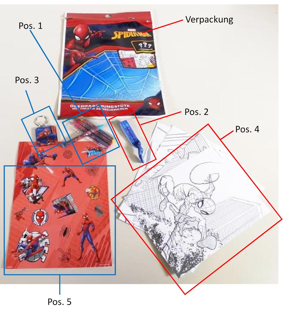 Es handelt sich um 15 farbig bedruckte, vorgestanzte, rückseitig selbstklebende, zum Abziehen bestimmte Sticker aus Papier, aufgebracht auf einen rechteckigen Bogen (Abmessungen etwa 16 x 22 cm) aus Papier. Die Sticker (maximale Abmessungen etwa 6 x 6 cm) zeigen als Bildmotiv neben Spinnennetzen die Comicfigur Spider-Man. Die Bildmotive sind teilweise mit verschlagwortetem Text kombiniert.
Der Stickerbogen ist Bestandteil einer Zusammenstellung von Waren (Überraschungstüte) und ist gemeinsam mit vier Wachsmalkreidestiften, einem textilem Armband, einem Schlüsselanhänger und zehn bedrucktem, zum Ausmalen bestimmten Papierbögen in einem Produktinformationen bedruckten Beutel aus Kunststofffolie verpackt. Eine Einreihung aller Bestandteile als Warenzusammenstellung kommt nicht in Betracht, da die Waren weder zur Befriedigung eines speziellen Bedarfs noch zur Ausübung einer bestimmten Tätigkeit zusammengestellt worden sind.

Abbildung siehe Anlage.

Derartige Waren gehören als "andere Drucke" zum TARIC-Code 4911 99 00 00.