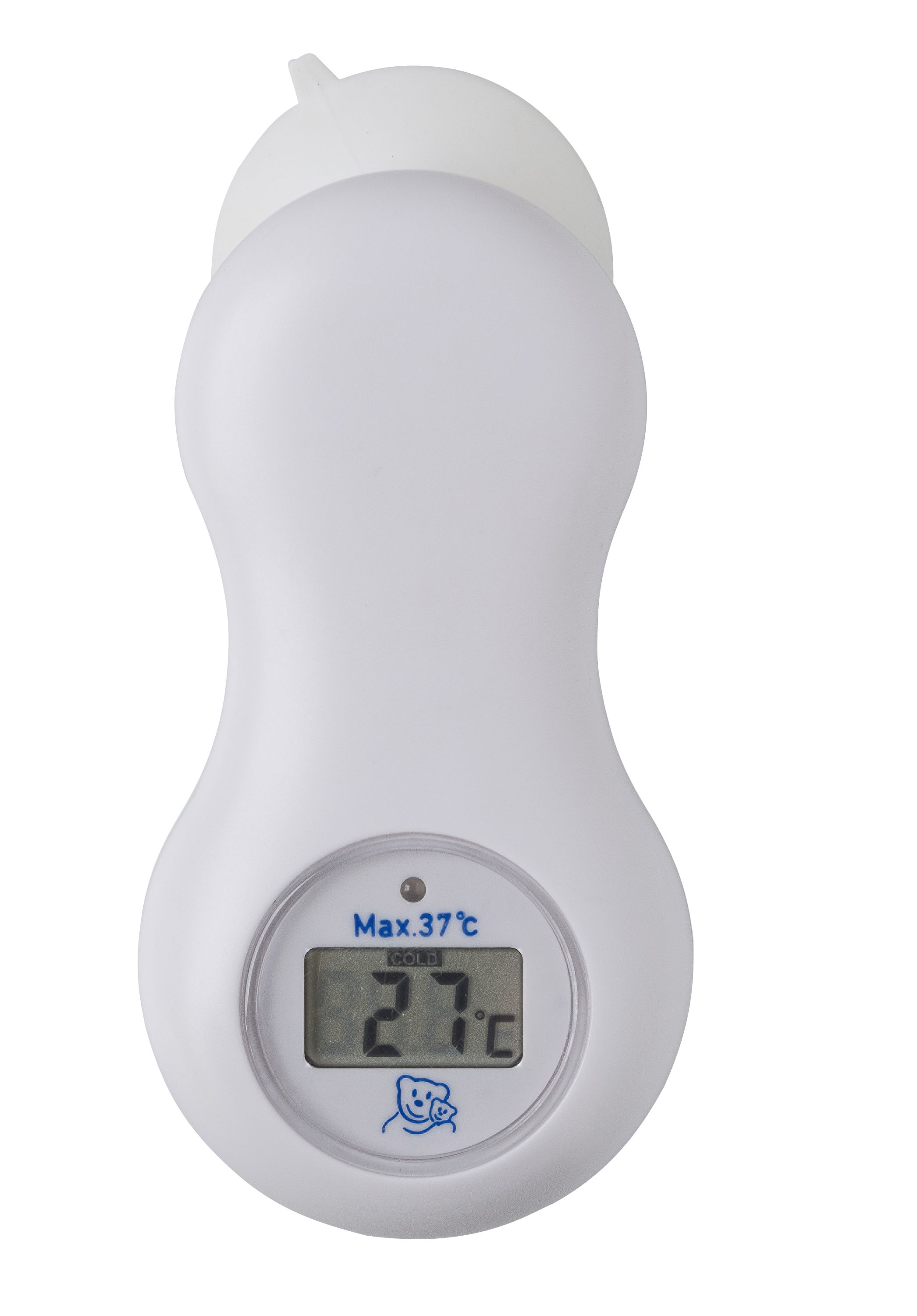 Sog. digitales Badethermometer mit Saugnapf, im Wesentlichen bestehend aus einem Kunststoffgehäuse, ausgestattet mit einem LC-Display, einem roten LED-Licht, einem Erschütterungsschalter sowie einem Saugnapf zur Befestigung und einer integrierten Zellbatterie. Zur äußeren Form siehe Abbildung in der Anlage. 
Das Thermometer wird durch Anklopfen angeschaltet und zeigt die Temperatur des Badewassers oder der Umgebungsluft in °C an. Bei zu hoher Temperatur leuchtet das LED-Licht. 
Das sich selbst abschaltende Erzeugnis wird zum Messen der Badewasser- oder der Raumtemperatur verwendet. 
Die Ware ist in einem farbig bedruckten Karton mit einem Kunststoffblister enthalten. 
Sie wird als "Thermometer, nicht mit anderen Instrumenten der Position 9025 kombiniert, nicht unmittelbar ablesbar und flüssigkeitsgefüllt, nicht für zivile Luftfahrzeuge" eingereiht.