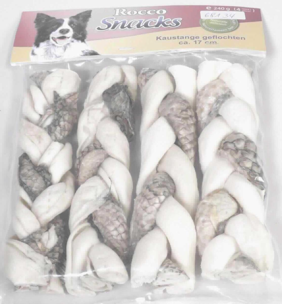 Andere Ware aus Leder, sog. Rocco Kaustange geflochten, Foto siehe Anlage,
- in Form von Rollen aus Rinderhaut und aus Fischhaut, die miteinander verflochten die Kaustangen bilden,
- aus getrocknetem Rohhautleder, 
- - von Bindegeweberesten befreite Rinder- und Fischhaut, die der allgemeinen Begriffsbestimmung eines
    einfachen Rohhautleders entspricht, 
- keine nutritiven Stoffe enthaltend (damit keine Zubereitung der Position 2309), 
- durch die sorgfältige Bearbeitung und kontrollierte Trocknung weitergehend bearbeitet als die in der Position
  0511 zugelassenen Schnitzel und ähnlichen Abfällen,
- zu vier Stück in einem Polybeutel mit einem bunt bedruckten Pappanhänger verpackt.

"Andere Ware aus Leder (Hundekauartikel), nicht zu technischen Zwecken"