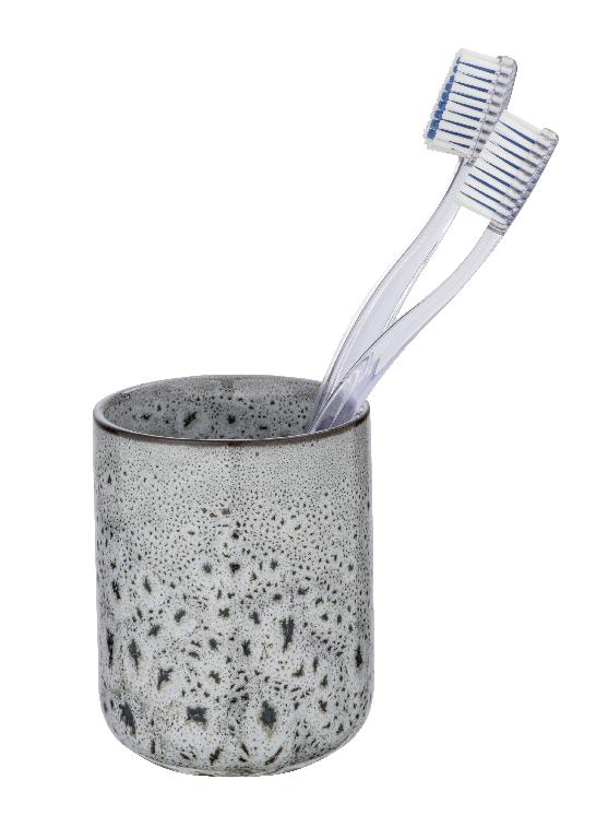 Anderer keramischer Toilettengegenstand, sog. Zahnputzbecher, Foto siehe Anlage,
- glasierter, grauer, gesprenkelter, zylinderförmiger und am unteren Rand abgerundeter Becher,
- auf der Unterseite mit einem sog. Möbelgleiter versehen,
- in den Abmessungen: 7,5 cm (Durchmesser) x 9,8 cm (Höhe),
- keramisches Erzeugnis; nach der Formgebung gebrannt; tonmineralhaltiges Material enthaltend,
- nach dem Ergebnis der wissenschaftlichen Untersuchung aus feinen Erden,
- zur Verwendung als Zahnputzbecher im Badezimmer bestimmt.

"Anderer keramischer Toilettengegenstand (Zahnputzbecher), aus feinen Erden"