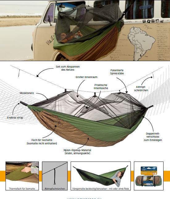 Hängematte mit Insektenschutz, sog. Ultraleicht-Hängematte mit praktischen Moskitonetz und eingebautem Fach für Isomatten, Foto siehe Anlage,
- mit Montagematerial (Befestigungsseil) und einer Produktinformation in einem an der Liegefläche
  angenähten Aufbewahrungsbeutel mit Befestigungsgurten und Klickverschlüssen verpackt; in eine
  bedruckte Kunststoffbanderole eingesteckt,
- mit einer Hängematte mit einer laut Antrag ca. 275 cm x 140 cm großen Liegefläche aus ca.
  0,1 mm dicken, einfarbigen Geweben aus laut Antrag Nylon (synthetische Chemiefasern);
  an den Schmalseiten jeweils mit einem durch den tunnelartigen Saum geführten, ringförmig
  zusammengenähten Gewebeband versehen und dadurch gerafft; mit einem an der Liegefläche 
  angenähten Einsteckfach aus den o. g. Geweben (nur anders farbig) zur Aufnahme einer laut Antrag
  max. 240 cm x 64 großen Isomatte (nicht Gegenstand der vZTA),
- mit einem etwa gleichgroßen, angenähten Insektenschutz aus ca. 0,2 mm dicken, einfarbigen 
  Kettengewirken; weist keine offenen Zellen auf (u. a. somit kein konfektioniertes Netz der Position
  5608); auf der Oberseite mit drei Schlaufen aus elastischen Geweben und zwei aufgenähten, 
  an den Enden zu Einschubfächern gearbeiteten Gewebestreifen zur Aufnahme der zweiteiligen,
  zusammensteckbaren, sog. Spreizstäbe aus Kunststoff und unedlem Metall; auf der Innenseite im
  Bereich der Schlaufen mit Zuschnitten aus den vorgenannten Gewirken verstärkt und mit zwei
  kleinen Innentaschen aus diesen Gewirken ausgestattet,  
- an einer Längsseite (zwischen Liegefläche und Insektenschutz) mit einer durchgehenden Ein- bzw.
  Ausstiegsöffnung mit Reißverschluss,
- alle übrigen Gewebe und die Gewirke bestehen augenscheinlich ebenfalls aus synthetischen
  Chemiefasern,
- durch Zusammenfügen konfektioniert.

"Campingausrüstung (Hängematte mit Insektenschutz) aus Spinnstoffen, aus synthetischen 
 Chemiefasern"