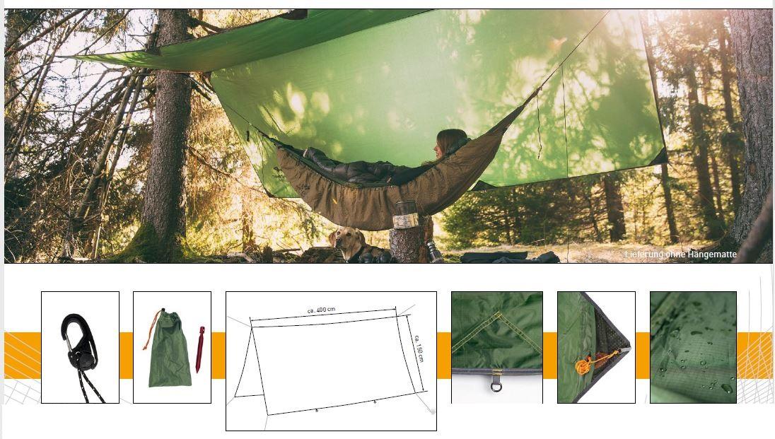 Campingausrüstung (Universalcampingplane), sog. XXL-Regendach für Hängematten, Foto siehe Anlage,
- mit Montagematerial (vier sog. Heringe) in einem einfachen Beutel aus Spinnstoffen mit Befestigungs-
  gurten und Klickverschlüssen [übliche Verpackung im Sinne der AV 5 b)] verpackt und in eine be-
  druckte Kunststoffbanderole eingesteckt,
- rechteckig; in den Abmessungen von laut Antrag ca. 400 cm x 300 cm,
- aus ca. 0,1 mm dicken Geweben aus laut Antrag 100 % Polyester (synthetische Chemiefasern); die
  Gewebe sollen laut Antrag mit Kunststoff (Polyurethan) überzogen sein, ein Überziehen mit Kunststoff
  ist mit bloßem Auge jedoch nicht wahrnehmbar (keine Meterware der Position 5903),
- an den vier Ecken und mittig an den Schmalseiten jeweils mit einer angenähten Schlaufe mit einem
  Ring aus augenscheinlich unedlem Metall und einer daran angeknoteten Abspannschnur versehen;
  auf der Innenseite mit kleinen Taschen mit Klettverschluss zum Verstauen der Schnüre; an den Enden
  der beiden mittleren Schnüre jeweils mit einem sog. Verstellkarabiner ausgestattet,
- an den Rändern mit schmalen Streifen aus Geweben eingefasst,
- durch Zusammenfügen konfektioniert,
- dient laut Antrag als Regendach für Hängematten sowie zur universellen Nutzung (bspw. als Zeltplane,
  Sonnensegel etc.) beim Camping im Freien; stellt sich damit nicht als Plane zum Schutz von Waren
  gegen Witterungseinflüsse, sondern als Campingausrüstung dar (u. a. somit keine Ware der Unter-
  position 6306 12).

"Campingausrüstung (Universalcampingplane) aus Spinnstoffen, aus synthetischen Chemiefasern"