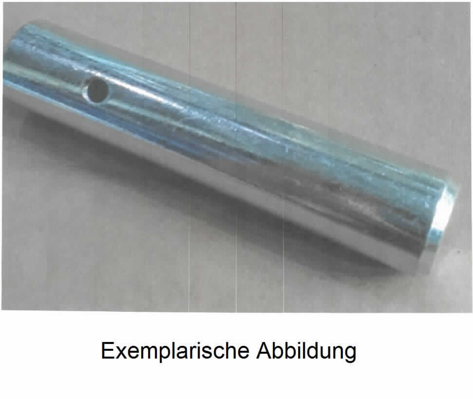 Es handelt sich um massive, zylindrische Erzeugnisse aus Stahl, die an einem Ende rundum eine Fase aufweisen und am anderen Ende mit einer Querlochung sowie einer axialen, kreisrunden Vertiefung versehen sind.
Die Waren liegen in drei verschiedenen Längen vor und dienen zur Arretierung eines Kupplungslagers an einer Zugmaschine.
Durchmesser: 25 mm; Länge: 111,5 bzw. 117,5 bzw. 147,5 mm.
- Antragstellerangaben - 

Abbildung siehe Anlage.

Derartige Erzeugnisse gehören als "den Bolzen ähnliche Waren, aus Stahl, ohne Gewinde" zum TARIC-Code 7318 2900 90.