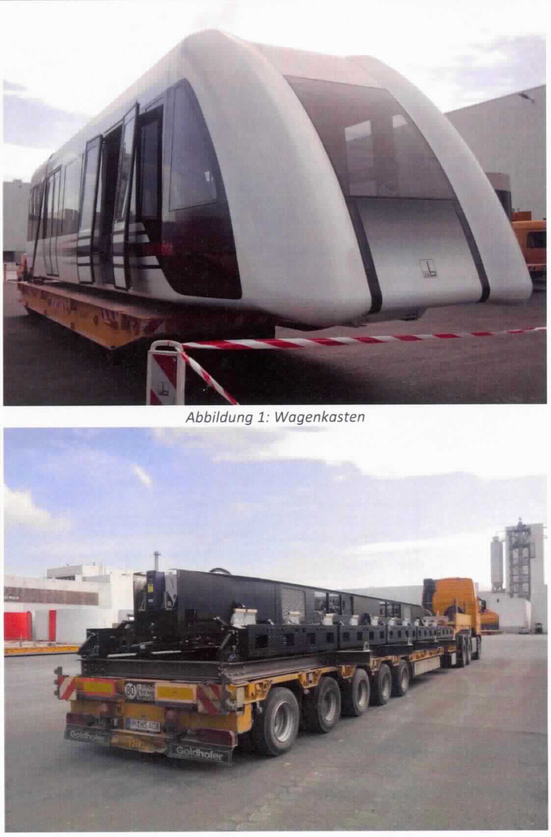 Nahverkehrsschwebebahnsystem "Low-Seep-Maglev", Fotos siehe Anlage,
- noch nicht zusammengesetzte Ware, bestehend aus 
- - einem Wagenkasten zum Befördern von Fahrgästen,
- - einem Fahrwerk mit Unterbauträger,
- der Antrieb der Magnetschwebebahn erfolgt 
- - auf einem Fahrwegträger einer festgelegten Fahrspur, indem das Fahrwerk auf
    einem magnetischen Wanderfeld schwebt, wobei das Wanderfeld das gesamte
    Fahrzeug (Wagenkasten und Fahrwerk mit Unterbauträger) auf dem Fahrwegträger
    voranzieht; das Fahrzeug und der Fahrwegträger bilden dabei gemeinsam einen 
    Linearmotor (Fahrwegträger