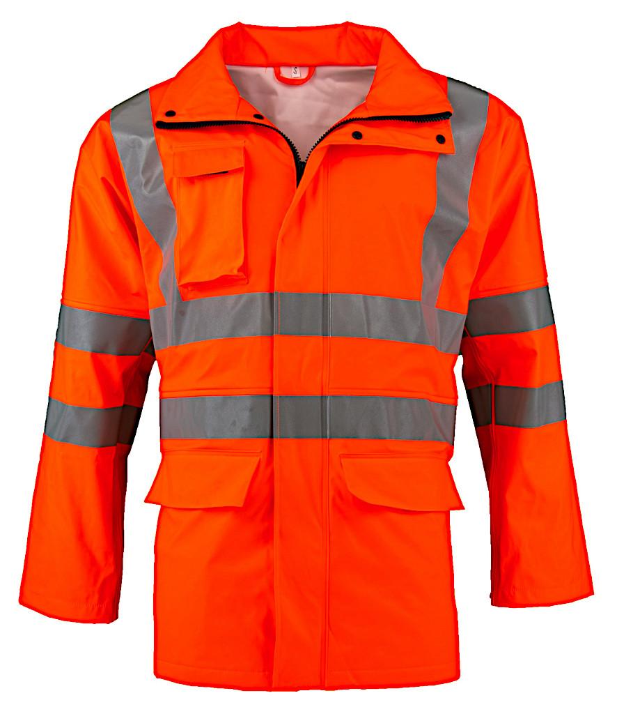 Anorakähnliches Kleidungsstück, sog. PREVENT® Warnschutzjacke mit Flammschutz, Art. PJO-FR,
Größe M, Foto siehe Anlage,
- mit einer Produktbeschreibung in einem Polybeutel verpackt,
- aus ca. 0,5 mm dicken, einfarbigen, einseitig (Außenseite) mit Kunststoff (laut Antrag Polyurethan;
  augenscheinlich kein Zellkunststoff) überzogenen Gewirken der Position 5903 aus laut Antrag  
  100 % Polyester (synthetische Chemiefasern),
- über den Schritt reichend (Rückenlänge: ca. 81 cm),
- mit einem Stehkragen mit einer in den Kragen einrollbaren und mittels Klettverschluss zu befestigenden
  Kapuze,
- vorn mit einer durchgehenden Öffnung mit einem bis in die Kragenspitzen reichenden Reißverschluss,
  verdeckt von einer Patte mit Druckknopfverschluss von links auf rechts,
- mit langen Ärmeln; an den Ärmelenden mit Druckknöpfen zu verengen,
- vorn mit einer aufgesetzten Brusttasche und zwei eingesetzten Taschen unterhalb der Taille (alle mit
  Patte und Klettverschluss),
- mit reflektierenden Streifen ausgestattet; z. T. längs über die Schultern verlaufend (sog. Hosenträger-
  reflex),
- am unteren Rand und an den Ärmelenden durch Umschlagen und Festnähen gesäumt,
- wird im Allgemeinen über jeder anderen Kleidung und zum Schutz gegen das Wetter getragen, somit  
  keine Jacke,
- u. a. aufgrund der verwendeten Flächenerzeugnisse keine Kleidung der Position 6201.

"Kleidung (anorakähnliches Kleidungsstück) aus Gewirken der Position 5903"