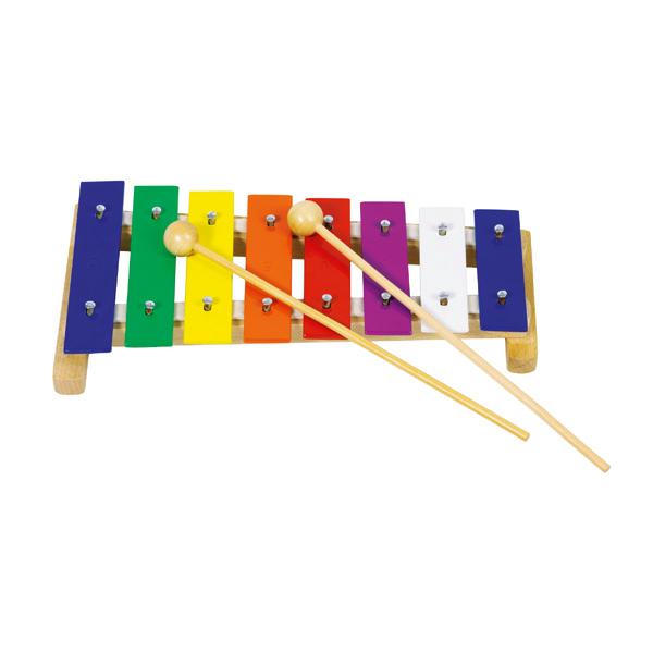 Bei der als " Art. 61959 - Xylophon, 8 Töne" bezeichneten Ware handelt es sich um ein ca. 26,5 x 13 x 3,5 cm (L x B x H) großes Metallophon (sog. Glockenspiel) mit zwei Klöppeln aus Holz. Das Glockenspiel besteht aus einem Rahmen aus Holz und acht darauf mit Metallnägeln befestigten und mit Filzstreifen unterlegten, unterschiedlich gestimmten und verschiedenfarbigen Metallstäben. Durch das Anschlagen der Metallstäbe mit den Klöppeln werden diese zum Schwingen gebracht und die Töne erzeugt.

Die in einem buntbedruckten Pappkarton verpackte Ware ist als "Schlaginstrument" einzureihen.