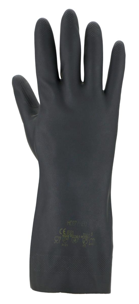 Angaben des Antragstellers:
Chemikalienschutzhandschuh

Material: Polychloropren / mit Baumwollbeflockung

Feststellungen an einem Warenmuster:
Es wurden schwarze Fingerhandschuhe aus einem elastischen Material vorgelegt. Die Handschuhe sind paarweise in einer Einzelverpackung aufgemacht. Die Handschuhe sind innen leicht beflockt und auf den Griffflächen mit kleinen Noppen versehen. Die Handschuhe können als Schutz gegen Chemikalien verwendet werden (EN ISO 374-1 erfüllt).

Befund:
Andere Fingerhandschuhe aus Weichkautschuk.