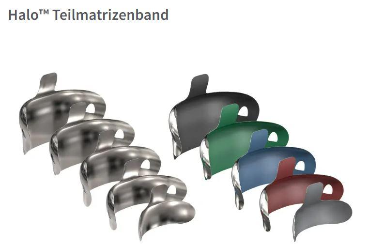 Sog. HALO Matrixsystem aus Teilmatrizen, im Wesentlichen bestehend aus konvex geformten, annähernd nierenförmigen Matrixbändern aus dünnem Edelstahl (0,038 mm), in fünf verschiedenen Größen (3,5 / 4,5 / 5,5 / 6,5 und 7,5 mm), Teilmatrizenringen aus stabilen, festen, glasfaserverstärkten Nylonfüßen und einem elastischen Nitinolring sowie nach Größe farbcodierten, länglichen sog. Keilen (blau, grün und gelb) aus Kunststoff.
Äußere Form: Siehe Abbildung in der Anlage.
Die anatomisch geformten Matrizenbänder werden im dentalen Bereich als Hilfsmittel bei Restaurationen des Zahnes verwendet. Die Matrize wird zwischen zwei Zähnen eingesetzt und um den zu behandelnden Zahn gebogen. Laschen und Pinzettenlöcher in den Bändern dienen zur einfachen Platzierung, Handhabung und Entfernung.
Zur weiteren Stabilisierung der Matrize gegen die Zahnhartsubstanz wird der Federring angelegt. Es können mehrere Federringe übereinander angebracht werden. Die sog. Keile gewährleisten eine bessere Separation und können bei Bedarf übereinandergestapelt werden. Anschließend wird das Füllungsmaterial (nicht Gegenstand dieser vZTA-Entscheidung) eingebracht und gehärtet. Danach werden Matrize und Ring wieder entfernt. Die Bestandteile des Systems sind in einer runden, zum dauernden Gebrauch hergerichteten Spenderbox aus Kunststoff mit drehbarem Deckel untergebracht und in einem bedruckten Karton umverpackt.

Die Ware wird als "zahnärztliches Instrument, nicht von den Unterpositionen (KN) 9018 1100 bis 9018 4910 erfasst" eingereiht.
