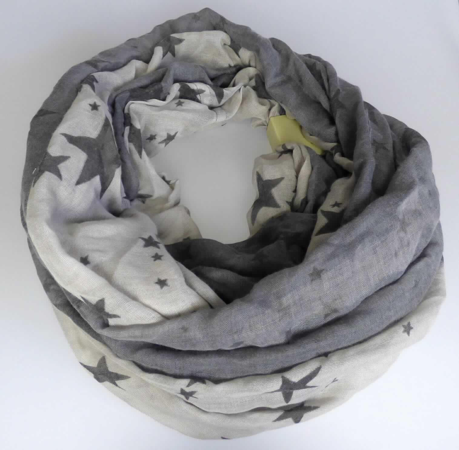 Schalähnliche Ware, sog. Print-Loop, Foto siehe Anlage,
- aus ca. 0,3 mm dicken, bedruckten Geweben aus laut Antrag 70 % Polyester (synthetische Chemiefasern) 
  und 30 % Viskose (künstliche Chemiefasern),
- flachliegend in den Abmessungen (L x B) von ca. 90 cm x 85 cm,
- an den Längsseiten durch Umschlagen und Festnähen gesäumt sowie an den Schmalseiten zu einem 
  "Rundschal" zusammengenäht (u. a. somit konfektioniert),
- ohne Hinweise auf Handarbeit,
- wird in der Art eines Schals um den Hals getragen.

"Schalähnliche Ware, aus Geweben, aus synthetischen Chemiefasern, nicht handgearbeitet"