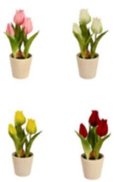 Ware aus künstlichen Blumen, sog. künstliche Tulpen im Keramiktopf, Foto siehe Anlage,
- in Form einer aus verschiedenen Bestandteilen zusammengesetzten Ware, bestehend aus 
  der Nachahmung von Tulpen und der Nachahmung eines Blumenübertopfs mit Blumenerde,
- Nachahmung von drei Tulpen (künstlichen Blumen; vier Farbvarianten der Blütenblätter/Knospe):
- - zwei Tulpen mit offener Blüte:
- - - aus Blütenblättern aus Zuschnitten aus Kunststoff, grünen Staubblättern aus Kunststoff,
       grünen, innen hohlen Stängeln aus Kunststoff und grünen Blättern aus Kunststoff,
- - eine Tulpe mit Blütenknospe:
- - - aus einer Blütenknospe aus Kunststoff, einem innen hohlen Stängel aus Kunststoff,
       grünen Blättern aus Kunststoff und einer hellbraunen Blumenzwiebel aus mit Papier
       ummanteltem Styropor (Kunststoff),
- - die Tulpen sind durch Zusammenstecken und Kleben in Blumenbindetechnik hergestellt,
- Nachahmung eines cremefarbenen Blumenübertopfs mit schwarzer Blumenerde:
- - aus laut Antrag Keramik; im Bereich der "Blumenerde" strukturiert gearbeitet,
- die künstlichen Blumen bestimmen insbesondere im Hinblick auf das äußere
  Erscheinungsbild (Zierwirkung) den wesentlichen Charakter der Ware.

"Ware aus künstlichen Blumen, aus Kunststoff"