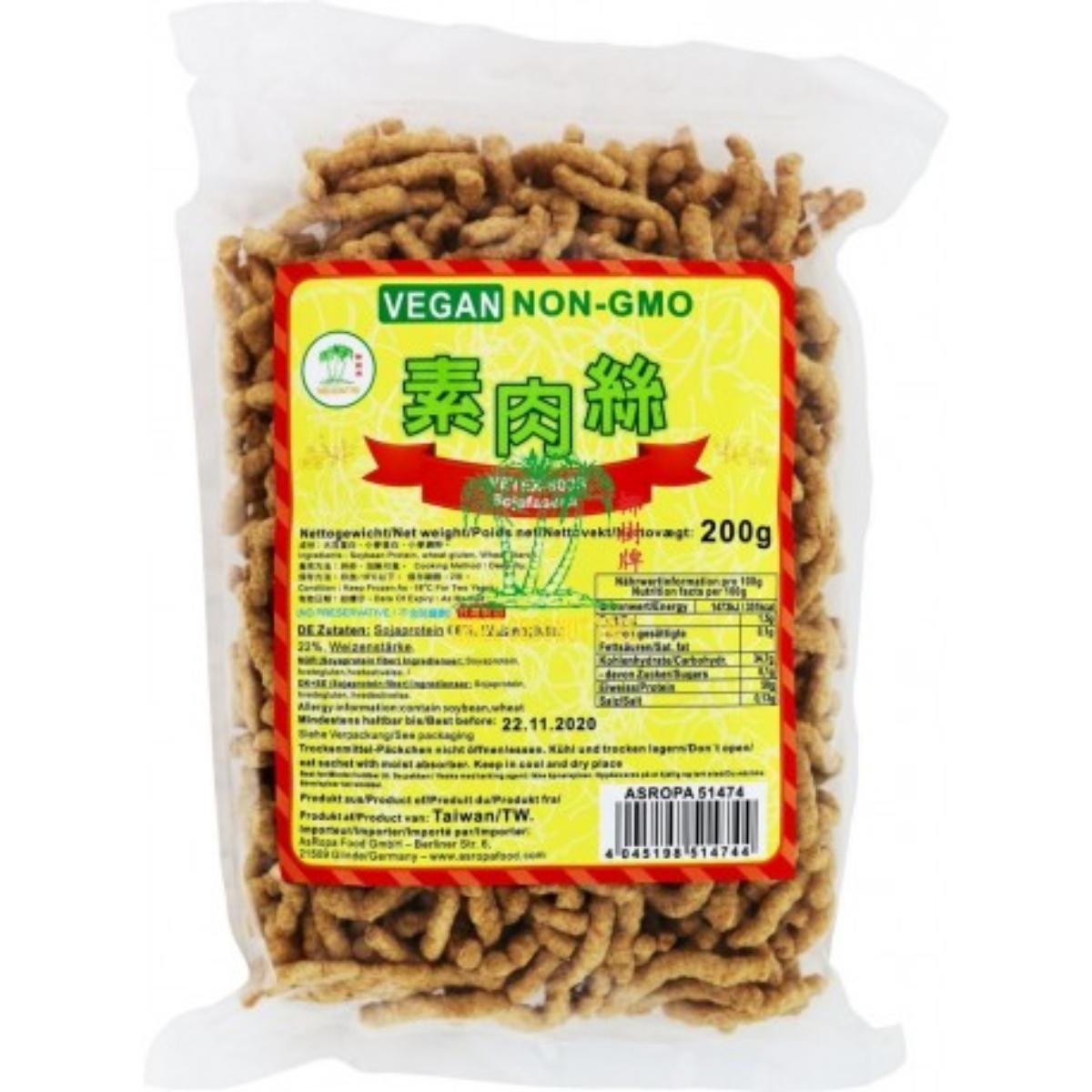 Texturiertes Sojaprotein

Ein Warenmuster in Originalumschließung lag vor.
Etikettierter Kunststoffschlauchfolienbeutel mit Angaben zum Erzeugnis (Sojaproteinfasern, 200 g) und zu den Zutaten (siehe Feld 8); darin längliche, hellbraune, poröse, unregelmäßig geformte Extrudate (Länge bis zu 4,5 cm; Durchmesser bis zu 0,8 cm).

Fettgehalt (Weibull/Stoldt): 1 GHT oder weniger
Zuckergehalt (HPLC): 5 GHT oder weniger
Milchfett und Milchprotein nach der Zutatenliste nicht enthalten
Stärke/Glucose*: 5 bis weniger als 25 GHT
Saccharose/Invertzucker/Isoglucose**: weniger als 5 GHT
*: gemäß VO (EG) 900/2008 (abgeleitet aus der Rezeptur)
**: festgestellt gemäß VO (EG) 900/2008

Lebensmittelzubereitung, anderweit weder genannt noch inbegriffen, texturierter Eiweißstoff mit einem Gehalt an Stärke von 5 GHT oder mehr, 1 GHT oder weniger Fett und 5 GHT oder weniger Zucker.