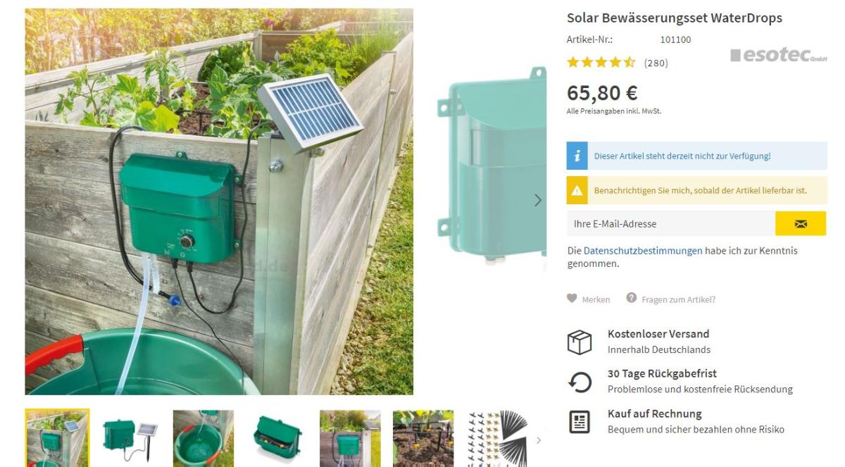 Bewässerungssystem, 
- aus einer Wasserpumpe, Akku und Steuerung in einem Gehäuse (Abmessungen: 200 x 180 x 60 mm),
  mit Kontroll-LED, Bedienelement (Drehregler) und Anschlüssen sowie 15 frei positionierbaren Tropf-
  wasserauslassen, Schlauchhaltern und T-Stücken, Rückschlagventil, Schwimmer, Ansaugschlauch mit
  Filter sowie Druckschlauch, über Kabel mit einem Solarmodul verbunden, noch nicht zusammengesetzt,
- zum selbstständigen tropfenweisen Bewässern von Pflanzen im Garten, Gewächshaus, Frühbeet, etc.
  in programmierbaren Zeitintervallen,
- in einer gemeinsamen Verkaufumschließung mit Beipack (Erdspieß, Reduzierstück, Verschlußstopfen
  und Bedienungsanleitung).
Das Bewässerungsset bestimmt den Charakter des Ganzen.

"Mechanischer Apparat zum Verspritzen von Flüssigkeiten, für die Landwirtschaft oder den
 Gartenbau, Apparat zur Bewässerung (Warenzusammenstellung in Aufmachung für den
 Einzelverkauf aus Apparat zur Bewässerung in funktioneller Einheit mit Solarmodul und
 nicht charakterbestimmendem Beipack) - sog. Bewässerungssystem"