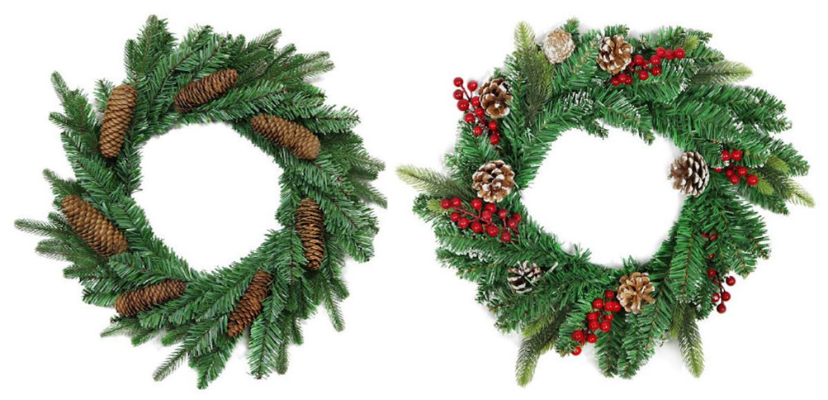 Ware aus künstlichem Blattwerk, sog. künstlicher Weihnachts-/Adventskranz, Foto siehe Anlage,
ein Warenmuster wurde nicht vorgelegt; die Einreihung erfolgt anhand der Antragsangaben,
- Nachahmung eines Kranzes aus Tannenzweigen, bestehend aus einer Unterlage aus Draht,
  künstlichem Blattwerk und natürlichen Tannenzapfen,
- künstliches Blattwerk (Nachahmung von Tannenzweigen):
- - mit Nadeln aus Streifen aus Kunststoffen (charakterbestimmend), die beidseitig eingeschnitten
    und in ineinander gedrehte Drähte aus Metall eingearbeitet sind (Blumenbindetechnik),
- sieben Tannenzapfen (Pflanzenteile):
- - naturbelassen; nicht bemalt,
- Unterlage aus Draht aus Eisen (laut Antrag),
- aufgrund der neutralen/winterlichen Gestaltung keine Einreihung als Festartikel in die Position 9505,
- das künstliche Blattwerk und die Zapfen sind im Hinblick auf die Zierwirkung annähernd gleich-
  bedeutend, im Hinblick auf den Umfang bestimmt das künstliche Blattwerk den wesentlichen Charakter
  der zusammengesetzten Ware.

"Ware aus künstlichem Blattwerk, aus Kunststoff"