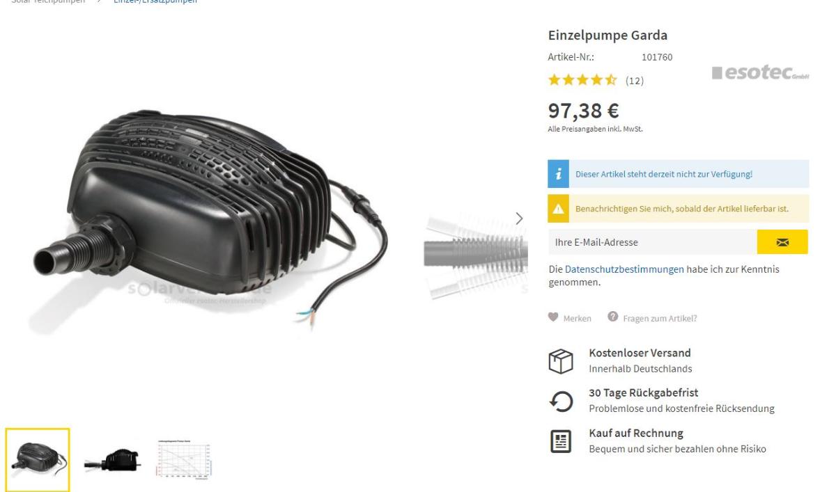 Bachlaufpumpe
- aus einer einstufigen Tauchmotorpumpe (L x B x H: 295 x 222 x 148 mm) mit einem Gewicht
  von 3,2 kg, Trockenlaufschutz und einem Anschlusskabel von 5 Metern Länge (Abbildung siehe
  Anlage),
- für den Einsatz z. B. im Gartenteich, zum Pumpen von Wasser nach Anschluss an ein
  Solarmodul.

"Flüssigkeitspumpe, Kreiselpumpe, einstufige Tauchmotorpumpe - sog. Bachlaufpumpe"