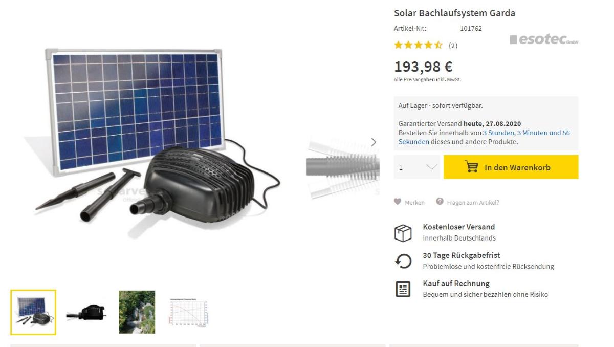 Solar Bachlaufpumpensystem,
- aus einer einstufigen Tauchmotorpumpe mit elektronischem Antrieb, vier Saugfüßen, einem
  Steigrohr und einem über Kabel angeschlossenen Solarmodul,
- mit einer maximalen Förderleistung von 2480 l/h,
- zum Fördern von Wasser, zum Einsatz in Gartenteichen.

"Flüssigkeitspumpe, Kreiselpumpe, einstufige Tauchmotorpumpe (Funktionelle Einheit aus
 Tauchmotorpumpe und Solarmodul) - sog. Pumpensystem"