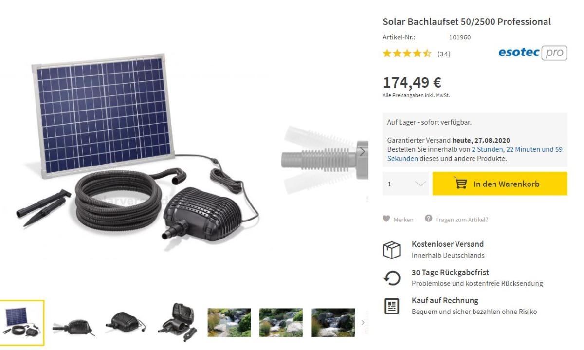 Solar-Bachlauf-Pumpensystem,
- aus einer Tauchmotorpumpe in einem mit Wasseröffnungen versehenen Kunststoffgehäuse,
  über Kabel mit einem Solarmodul verbunden (Abbildung siehe Anlage),
- mit einer maximalen Fördermenge von 2500 l/h,
- zum Fördern von Wasser, zum Einsatz in Gartenteichen oder Brunnen, insbesondere zur
  Speisung von Bachläufen,
- in einer gemeinsamen Verkaufsumschließung mit Spiralschlauch.
Die Teichpumpe bestimmt den Charakter des Ganzen.

"Flüssigkeitspumpe, andere Kreiselpumpe, Tauchmotorpumpe, einstufig in funktioneller Einheit mit Solarmodul) (Warenzusammenstellung in Aufmachung für den Einzelverkauf aus Teichpumpe und nicht charakterbestimmendem Spiralschlauch) - sog. Solar-Bachlauf-Pumpensystem"