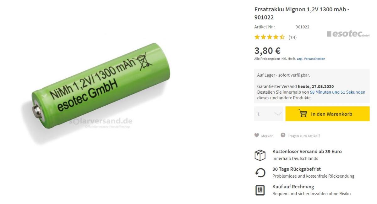 Nickelmetallhydrid-Akkumulator (Abbildung siehe Anlage),
- in Form einer AA-Rundzelle, mit einer Spannung von 1,2 V und einer Kapazität 
  von 1.300 mAh,
- zur Verwendung als Stromquelle für verschiedene Geräte.

"Elektrischer Akkumulator, Nickelhydrid-Akkumulator"