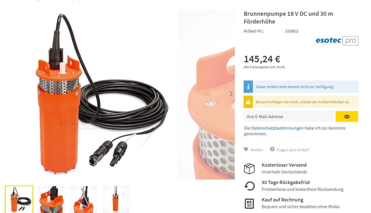 Brunnenpumpe,
- aus einem spezifischen, zyinderförmigen Gehäuse mit Edelstahl-Filtersieb, Membran, Elektro-
  motor und Anschluss an ein Solarmodul (nicht Gegenstand der Auskunft) - Abbildung siehe
  Anlage,
- mit einer Förderleistung von max. 360 l/h,
- zum Fördern von Flüssigkeiten (Wasser) aus Brunnen oder Bohrlöchern bestimmt.

"Flüssigkeitspumpe, andere oszillierende Verdrängerpumpe (Membranpumpe), keine Hydroaggregat oder Dosierpumpe, andere als Kolbenpumpe - sog. Brunnenpumpe"