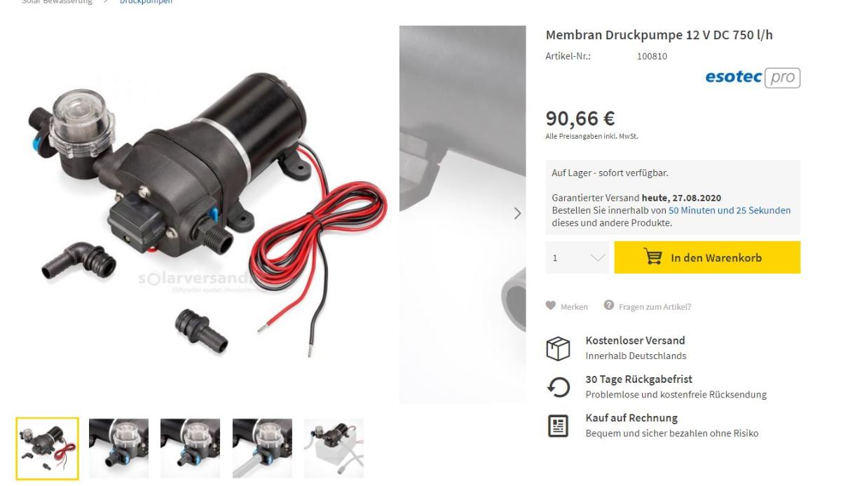 Sog. Druckpumpe,
- in einem spezifischen, annähernd zylinderförmigen Gehäuse mit Gleichstrommotor,
  fünf Membranen, Druckschalter und Ansaugfilter, elektrischen Anschlüssen und
  Schlauchadapter für Ein- und Ausgang (Abbildung siehe Anlage),
- mit einer Förderleistung von max. 750 l/h,
- zum Fördern von Flüssigkeiten (Wasser) aus einem Regenfass, zur Bewässerung
  von Gärten.

"Flüssigkeitspumpen, andere oszillierende Verdrängerpumpen, keine Hydroaggregate oder
 Dosierpumpen, andere als Kolbenpumpen - sog. Druckpumpe"