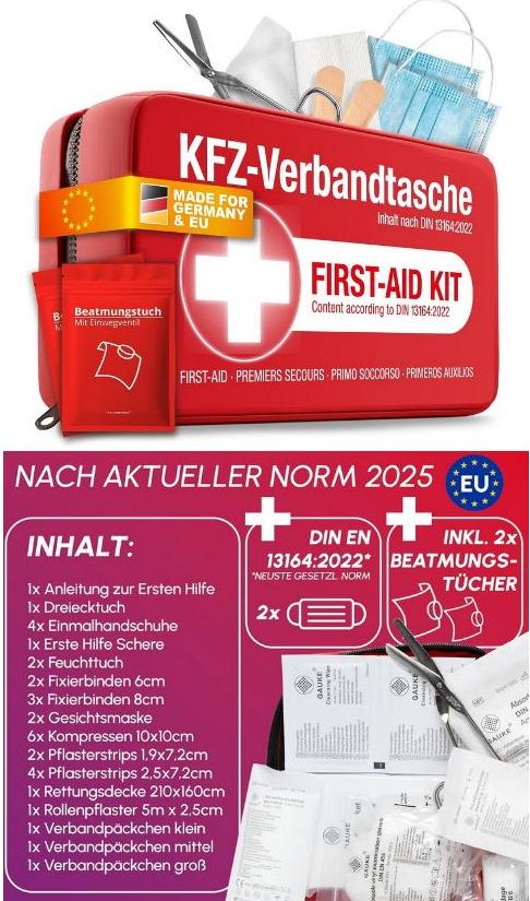 Tasche mit Apothekenaustattung für erste Hilfe; KFZ -Verbandtasche

Bei der Ware handelt es sich um eine rote Tasche (L x B x H 25﻿,﻿6 cm x 14﻿,﻿6 cm x 6﻿,﻿9 cm) mit Verbandmaterial nach DIN 13164:2022, zwei Beatmungstüchern und zwei Mundschutzmasken. Die Inhalte der Kfz-verbandtasche sind wassergeschützt, staubgeschützt und steril verpackt.  Sie liegen in Folienbeuteln verpackt vor. Die Verbandtasche weist zwei Klettstreifen zur Befestigung im Auto auf. 

Es handelt sich um eine Tasche mit Apothekenausstattung für erste Hilfe, die in die Unterposition 3006 5000 der Kombinierten Nomenklatur einzureihen ist.