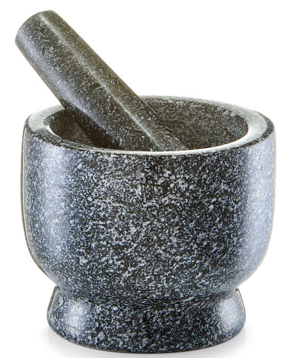 Angaben:
Mörser&Stößel-Set, anthrazit; Größe: ca. Ø 12 x 10 cm; Material: Granit; Verarbeitung: außen poliert; Gewicht: 2,284 kg; Fassungsvermögen: 220 ml; Einzelverpackung.

Befund:
Bearbeitete Werksteine und Waren daraus, Granit mit einem Eigengewicht von weniger als 10 kg.