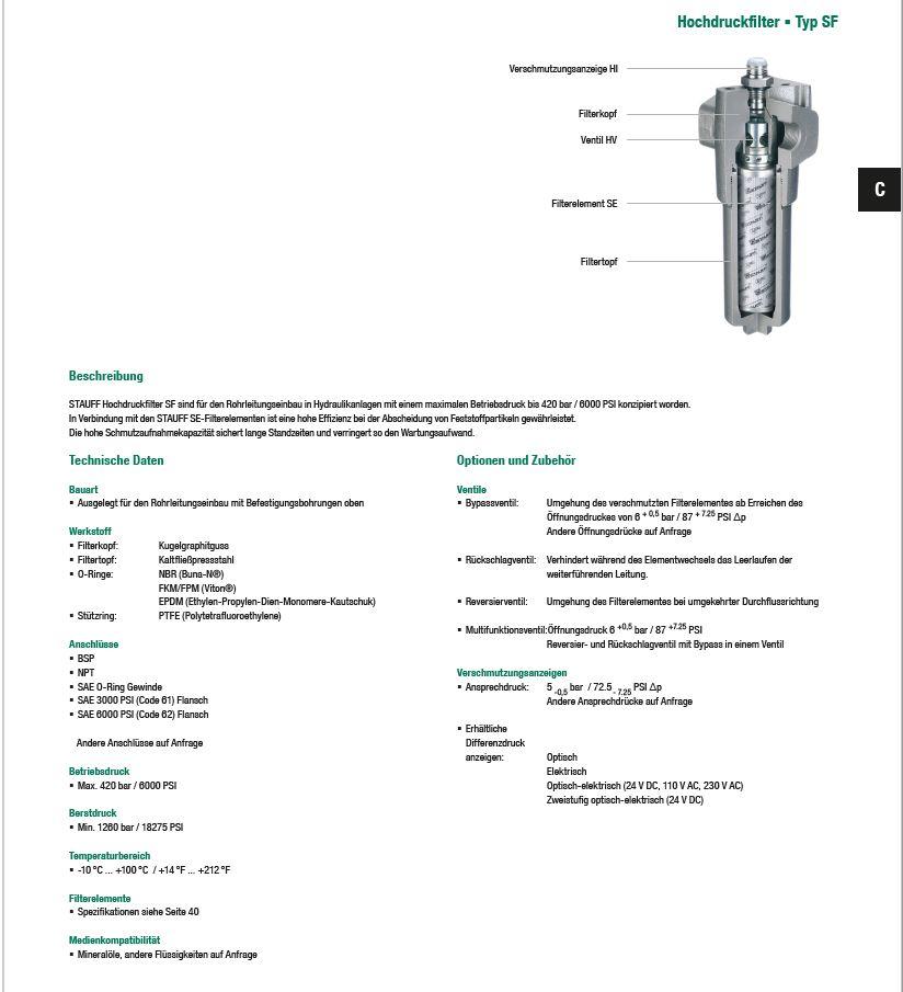Hochdruckfilter, Baureihe SF,
- aus einem maßhaltig nach Zeichnung gefertigten zylinderförmigen Metallgehäuse (Höhe: 200,5 bis
  950 mm, Durchmesser: 91 bis 159 mm) mit integrierter Filterpatrone mit Filtermaterial aus Glasfaser
  oder Edelstahl, am Filterkopf mit Anschlüssen mit Schraubgewinde für Flüssigkeitsein- und -auslass,
  Ventil sowie einer Differenzdruckanzeige ausgestattet (Abbildung siehe Anlage),
- zum Reinigen von Mineralöl mit einer Filterleistung von 60 - 1135 l/min und einem maximalen Druck
  von 420 bar / 6000 PSI,
- für den Rohrleitungseinbau in Hydraulik- oder Schmierölanlagen.

"Apparat zu Filtrieren von Flüssigkeiten, nicht zum Filtrieren von Wasser oder Getränken, kein Filter
 für Kolbenverbrennungsmotoren, nicht aus Fluorpolymeren - sog. Hockdruckfilter"