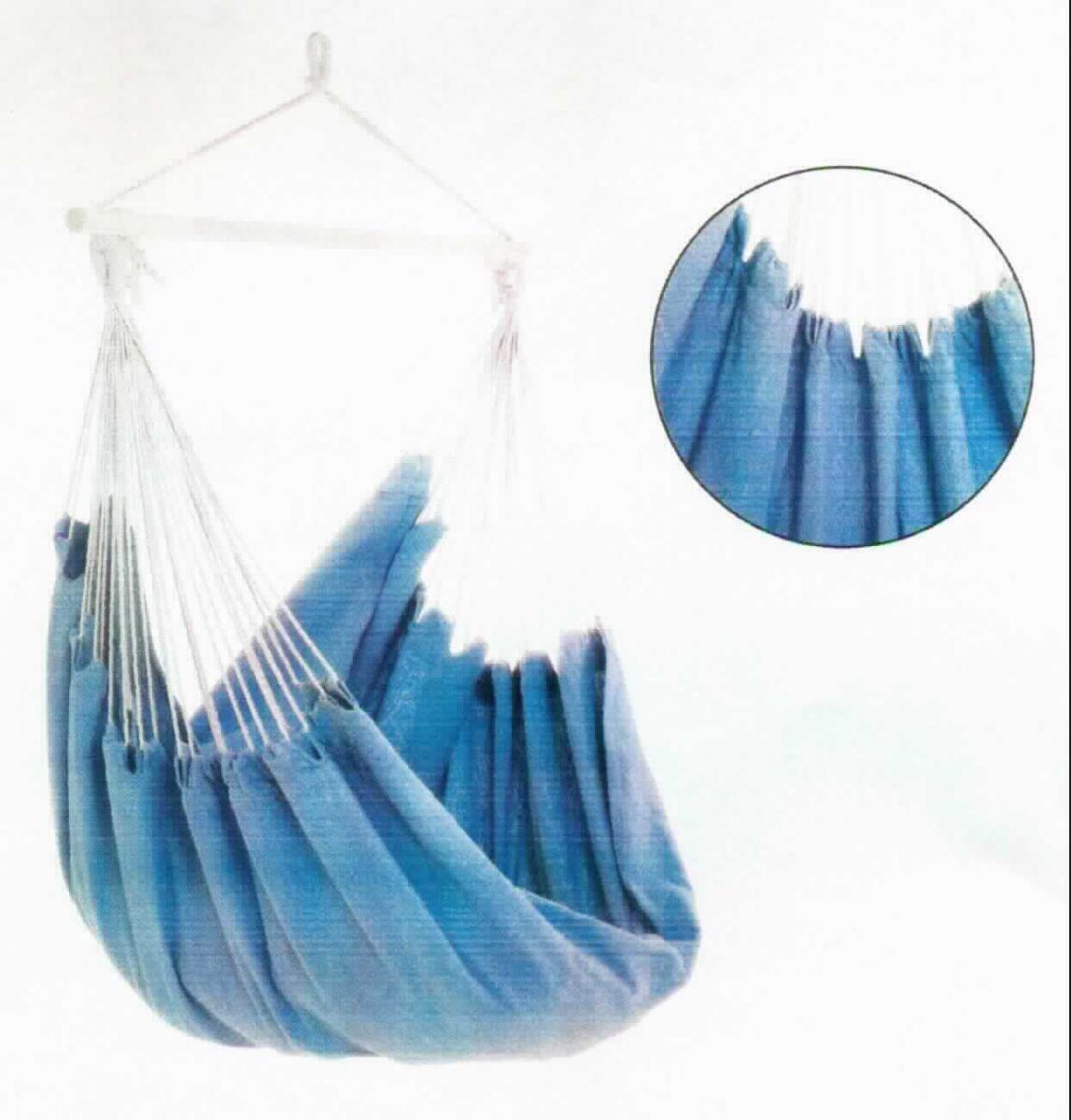 Hängesessel, Foto siehe Anlage,
- in einem Pappkarton verpackt,
- einer Hängematte ähnlich gearbeitet, 
- mit einer "Sitzfläche" in den Abmessungen (B x T) von laut Antrag 135 cm x 185 cm,
- aus Geweben aus laut Antrag 60 % Baumwolle und 40 % Polyester (synthetische Chemiefasern), 
- an allen Seiten durch Umschlagen und Festnähen gesäumt,
- mittels zu einer Aufhängeschlaufe zusammengefügter, an den Längsseiten der "Sitzfläche" befestigter Seile aus 
  Spinnstoffen an einem laut Antrag 100 cm langen Stab aus Holz befestigt,
- mit einer Aufhängevorrichtung in Form von am Holzstab befestigten, zu einer Schlaufe zusammengeführten 
  Seilen,
- durch Zusammenfügen konfektioniert,
- die Ware weist weder eine definierte Sitzfläche noch eine angrenzende Rückenlehne auf und wird somit nicht 
  vom Warenkreis der Position 9401 erfasst.

"Campingausrüstung (Hängesessel), aus Spinnstoffen, aus Baumwolle"