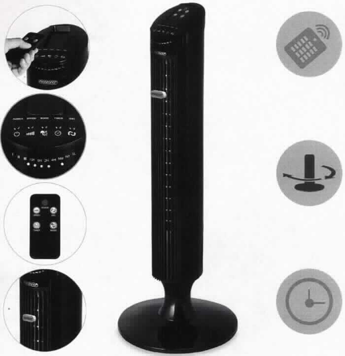 Ventilator, 
- aus einem zylinderförmigen Gehäuse mit einer Höhe von 90 cm, mit eingebautem Elektromotor,  
  rundem Standfuß, Luftein- und auslass, Bedienelementen, LED-Leuchten und Timer 
  (Abbildung siehe Anlage),
- mit 3 Geschwindigkeitsstufen, einstellbarer Oszillation und 3 Funktionen (Normal, Natürlich, Schlafmodus), 
- mit einer Leistung von 45 W und einem Gewicht von ca. 2,7 kg,
- zur Erzeugung eines Luftstroms in Räumen, mit einem Luftdruck von weniger als 2 bar. 
- in einer gemeinsamen Verkaufsumschließung mit Fernbedienung. 
Der Turmventilator bestimmt den Charakter des Ganzen.

"Ventilator, Bodenventilator mit eingebautem Elektromotor mit einer Leistung von weniger als 125 Watt (zusammengesetzte Ware aus Ventilator -charakterbestimmend-, Timer und LED-Leuchten in Warenzusammenstellung in Aufmachung für den Einzelverkauf mit nicht charakterbestimmender Fernbedienung) - Ventilator"