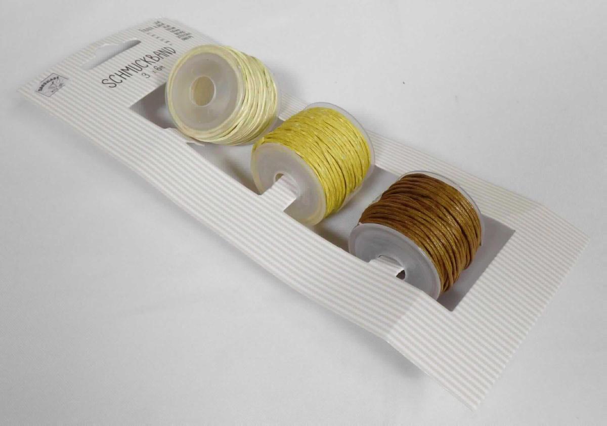 Bindfaden, sog. Schmuckband, Foto siehe Anlage,
- als 3-teiliges Sortiment (in unterschiedlichen Farben) in einem klarsichtigen Polybeutel mit einem 
  Pappeinleger verpackt,
- als Meterware, auf Spulen, jeweils mit einer Länge von laut Antrag 6 m,
- laut Untersuchungsergebnis:
-- aus einem Rundgeflecht mit enger Flechtweise und festem Gefüge, somit keine Ware des Kapitels 58,
- aus laut Antrag Baumwolle.

"Bindfaden, geflochten, aus Baumwolle"